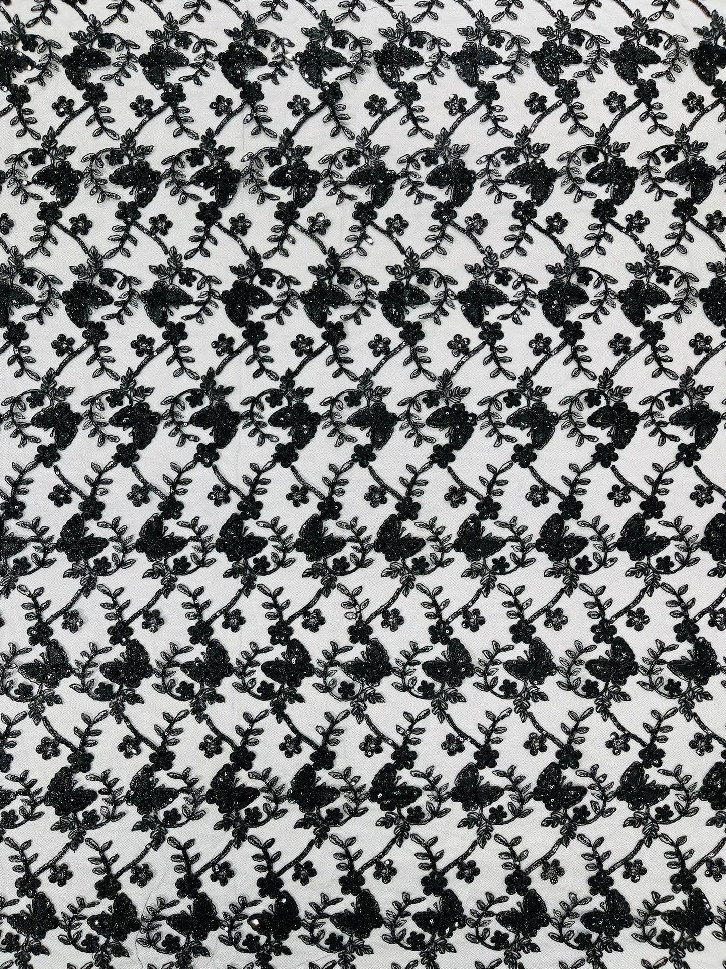 Corded Lace/ Butterfly Design Embroidered With Sequin on a Mesh Lace Fabric - New Creations Fabric & Foam Inc