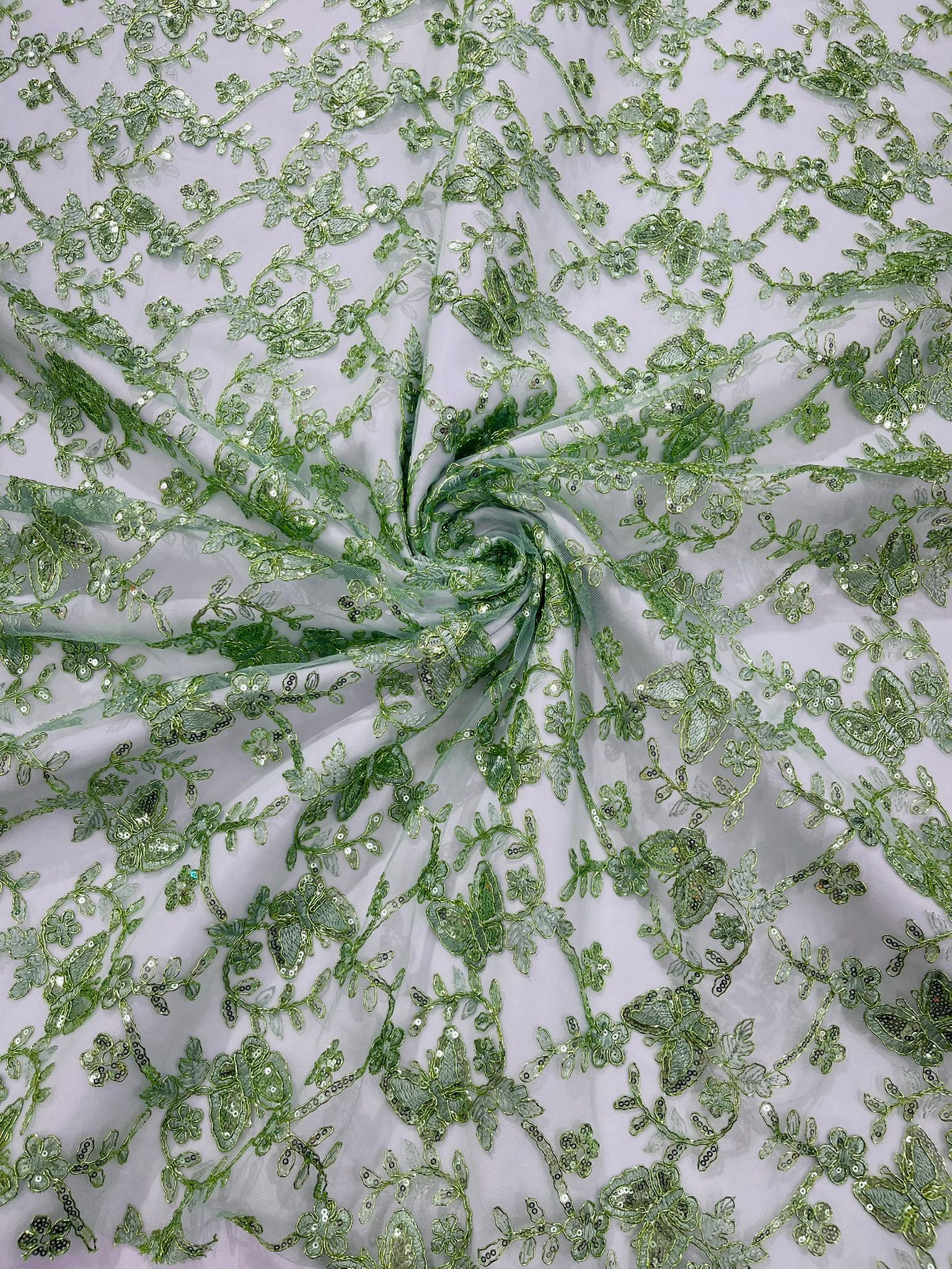 Corded Lace/ Butterfly Design Embroidered With Sequin on a Mesh Lace Fabric - New Creations Fabric & Foam Inc