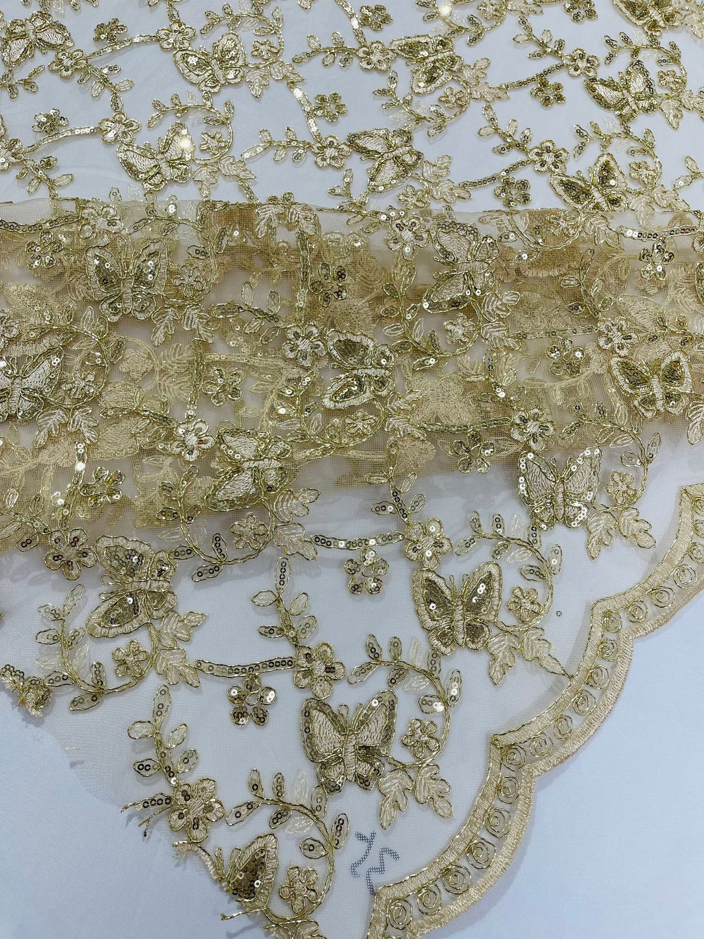 Corded Lace/ Butterfly Design Embroidered With Sequin on a Mesh Lace Fabric - New Creations Fabric & Foam Inc