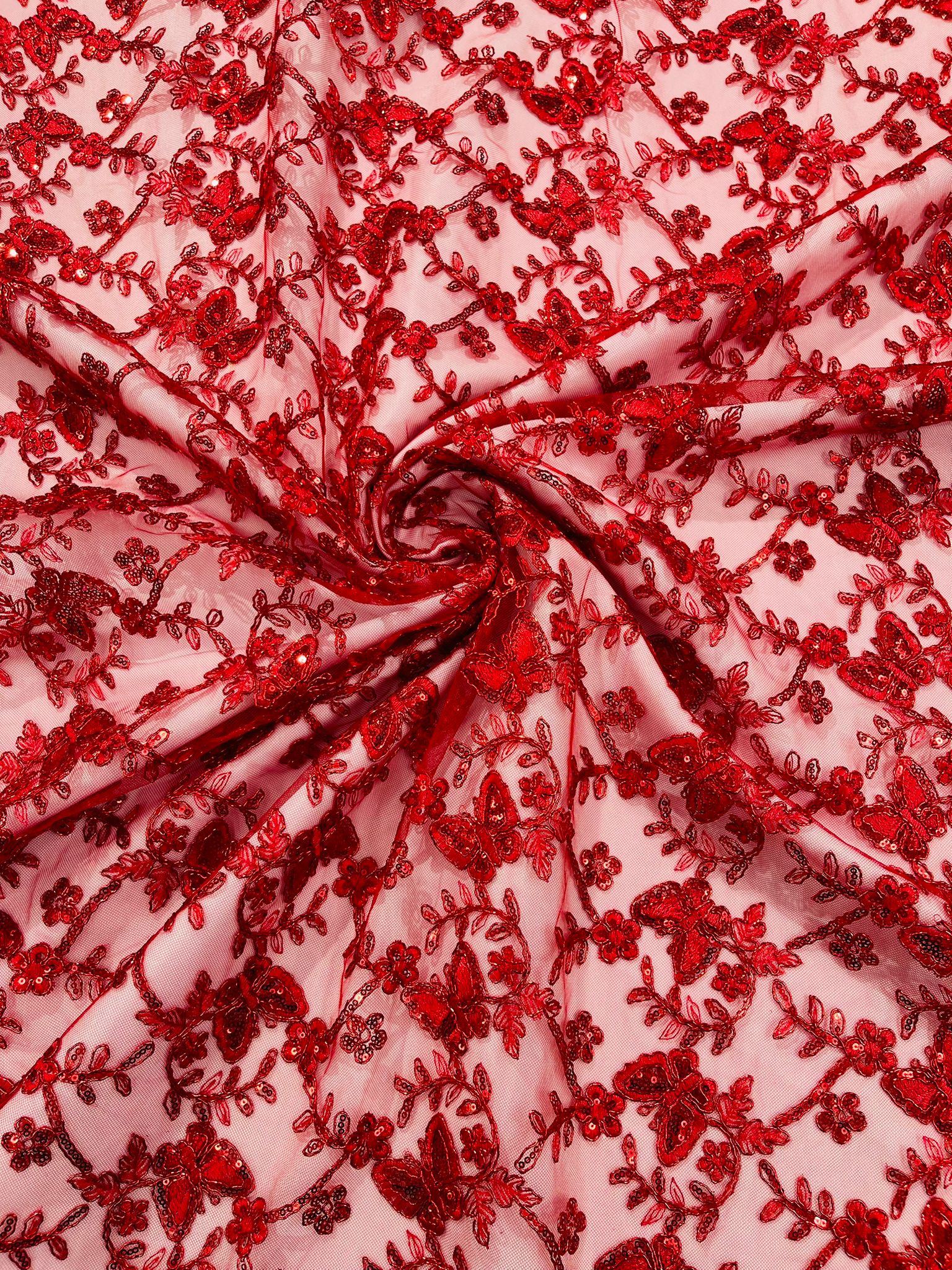 Corded Lace/ Butterfly Design Embroidered With Sequin on a Mesh Lace Fabric - New Creations Fabric & Foam Inc