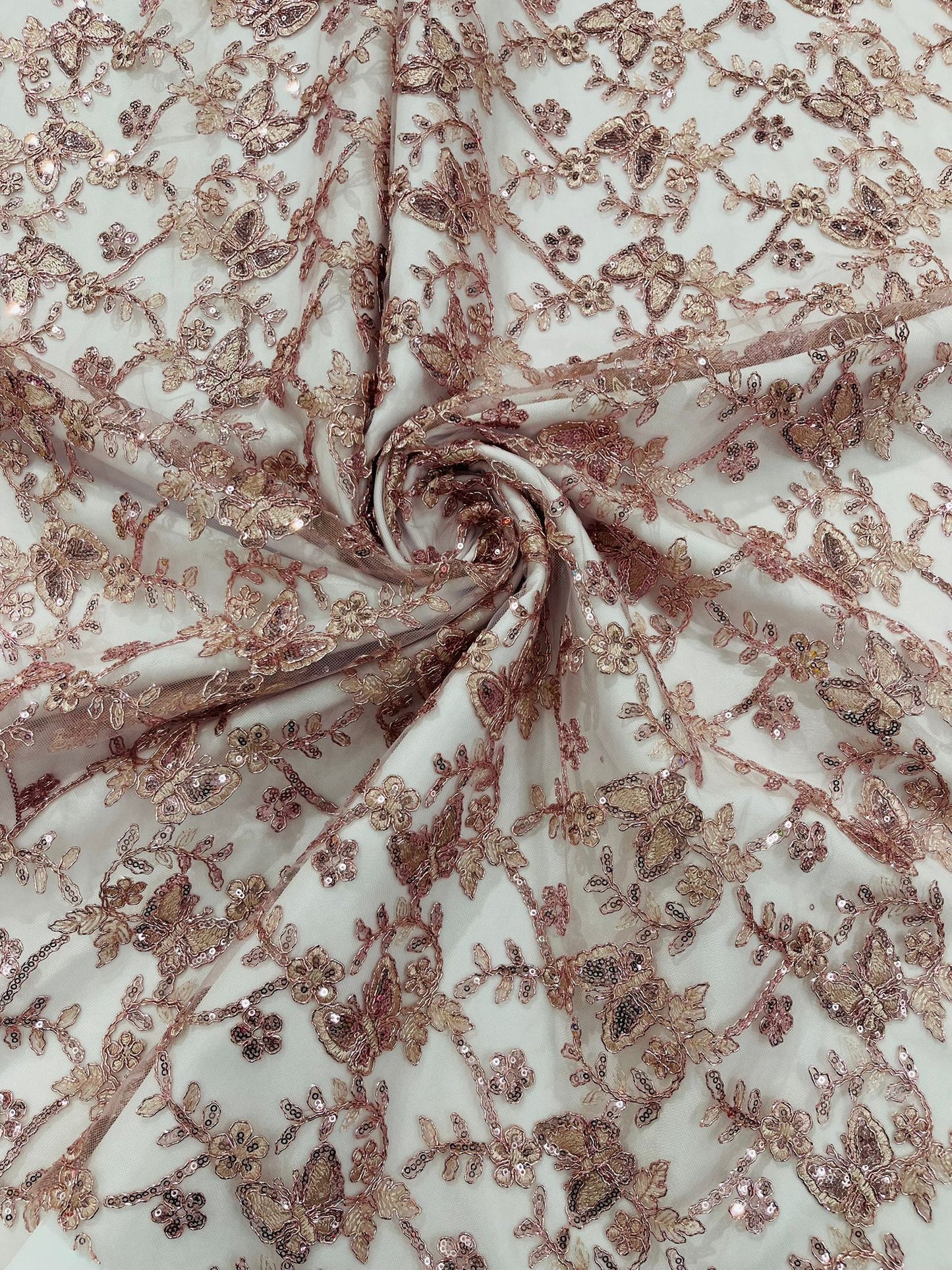 Corded Lace/ Butterfly Design Embroidered With Sequin on a Mesh Lace Fabric - New Creations Fabric & Foam Inc