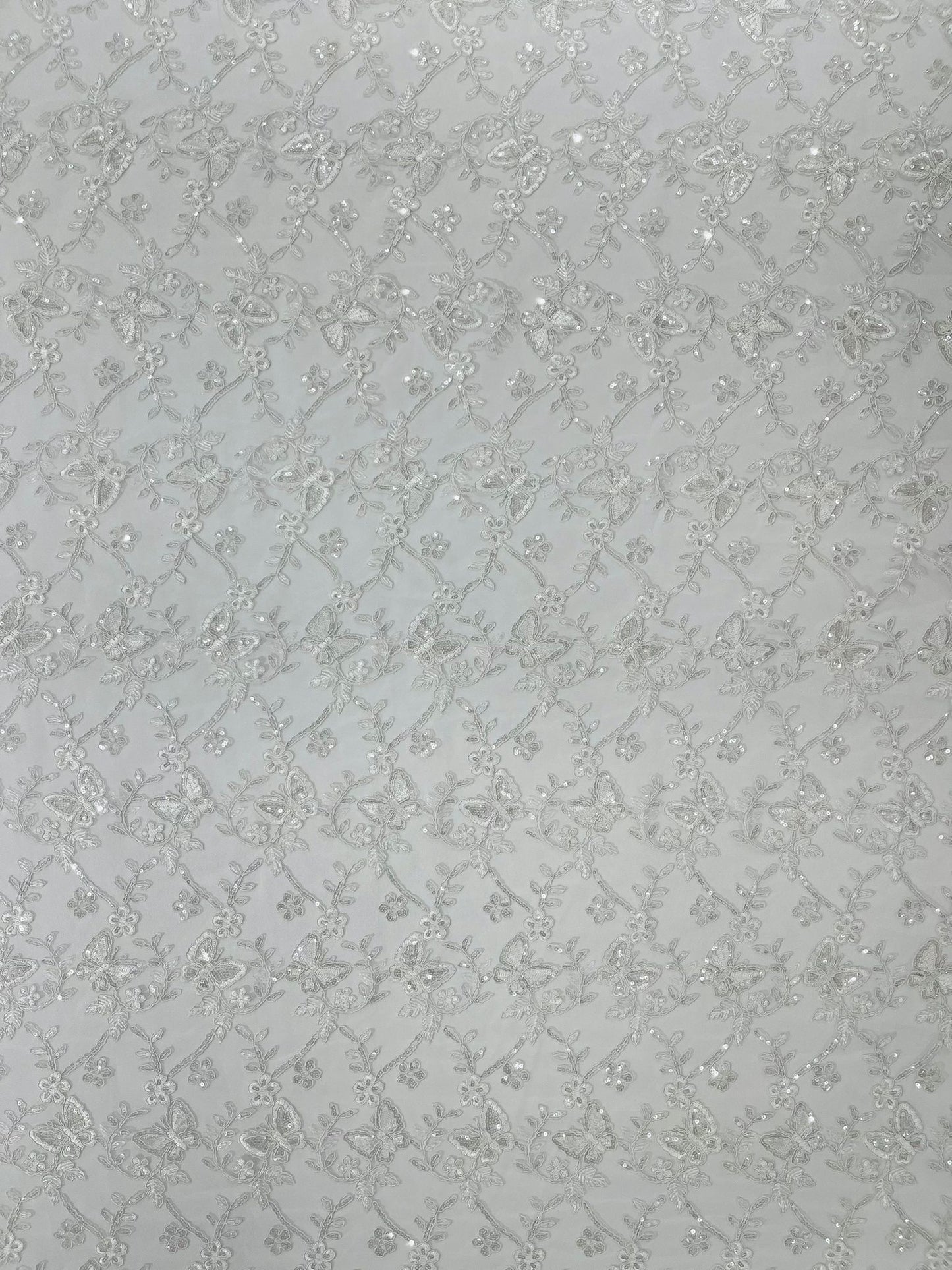 Corded Lace/ Butterfly Design Embroidered With Sequin on a Mesh Lace Fabric - New Creations Fabric & Foam Inc