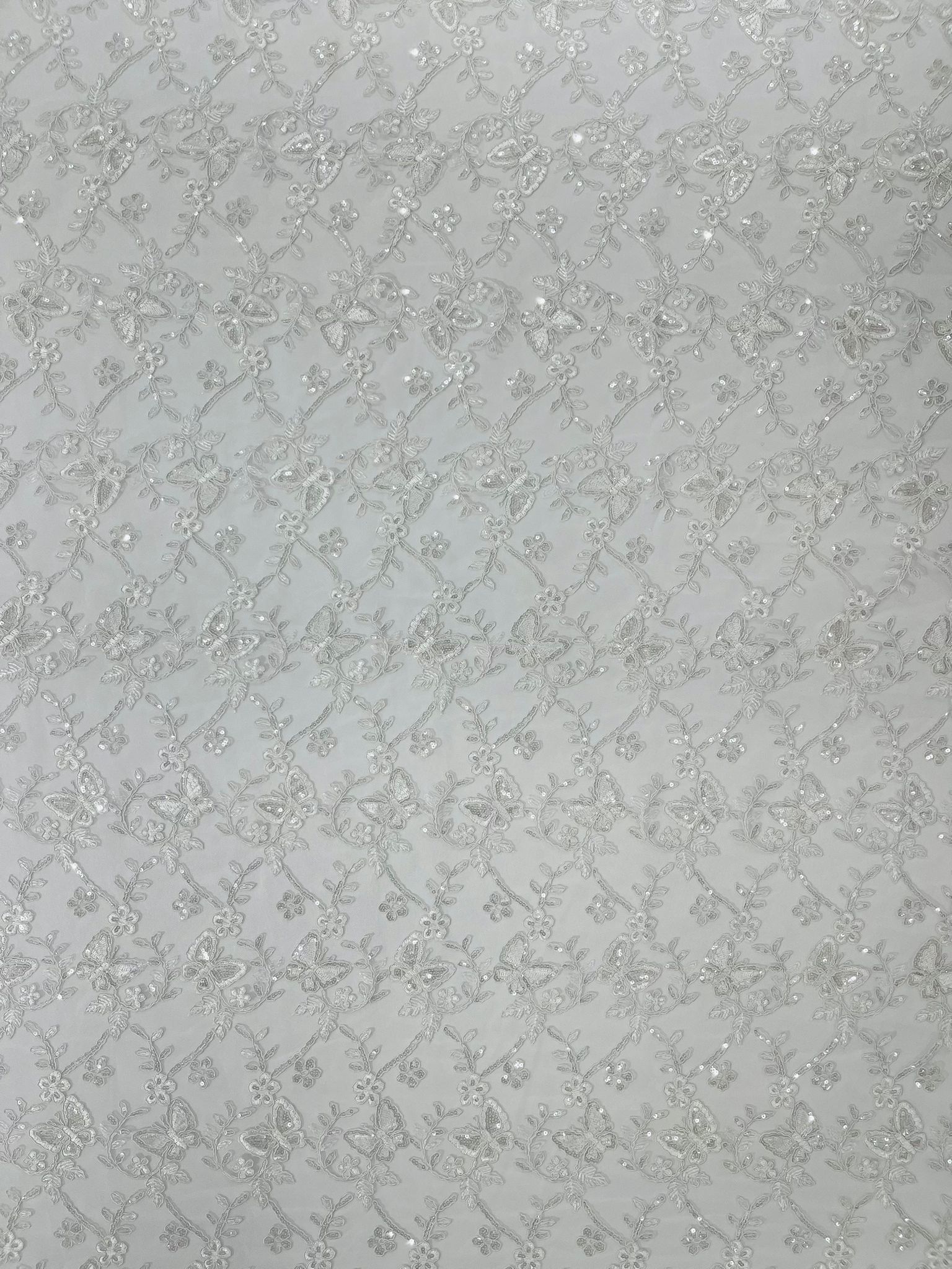 Corded Lace/ Butterfly Design Embroidered With Sequin on a Mesh Lace Fabric - New Creations Fabric & Foam Inc