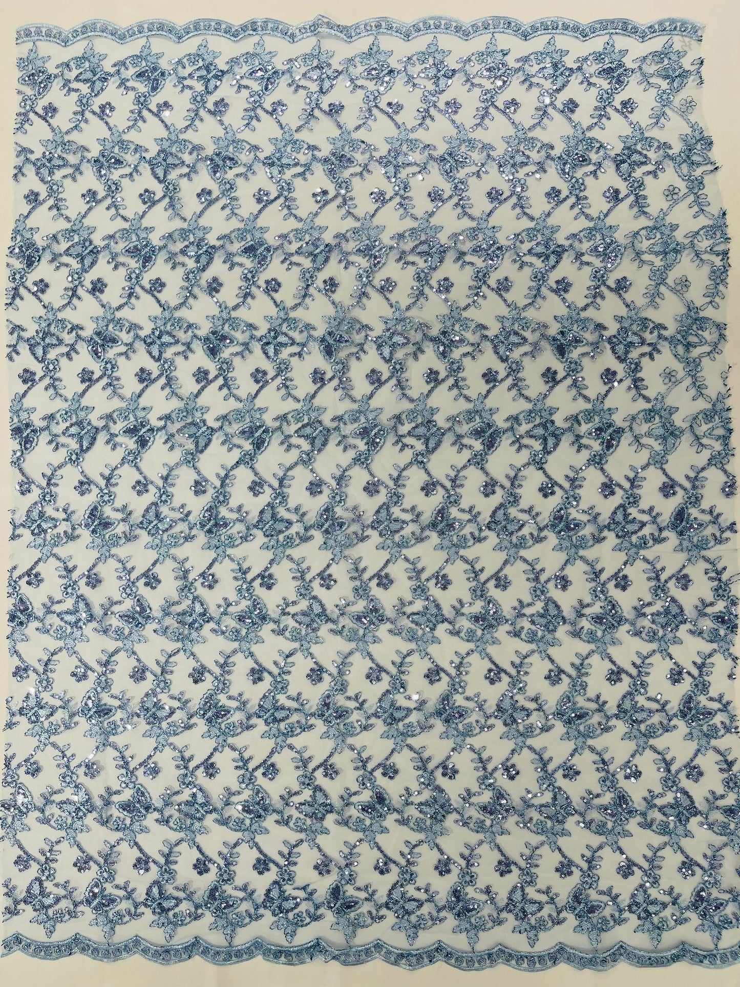 Corded Lace/ Butterfly Design Embroidered With Sequin on a Mesh Lace Fabric - New Creations Fabric & Foam Inc