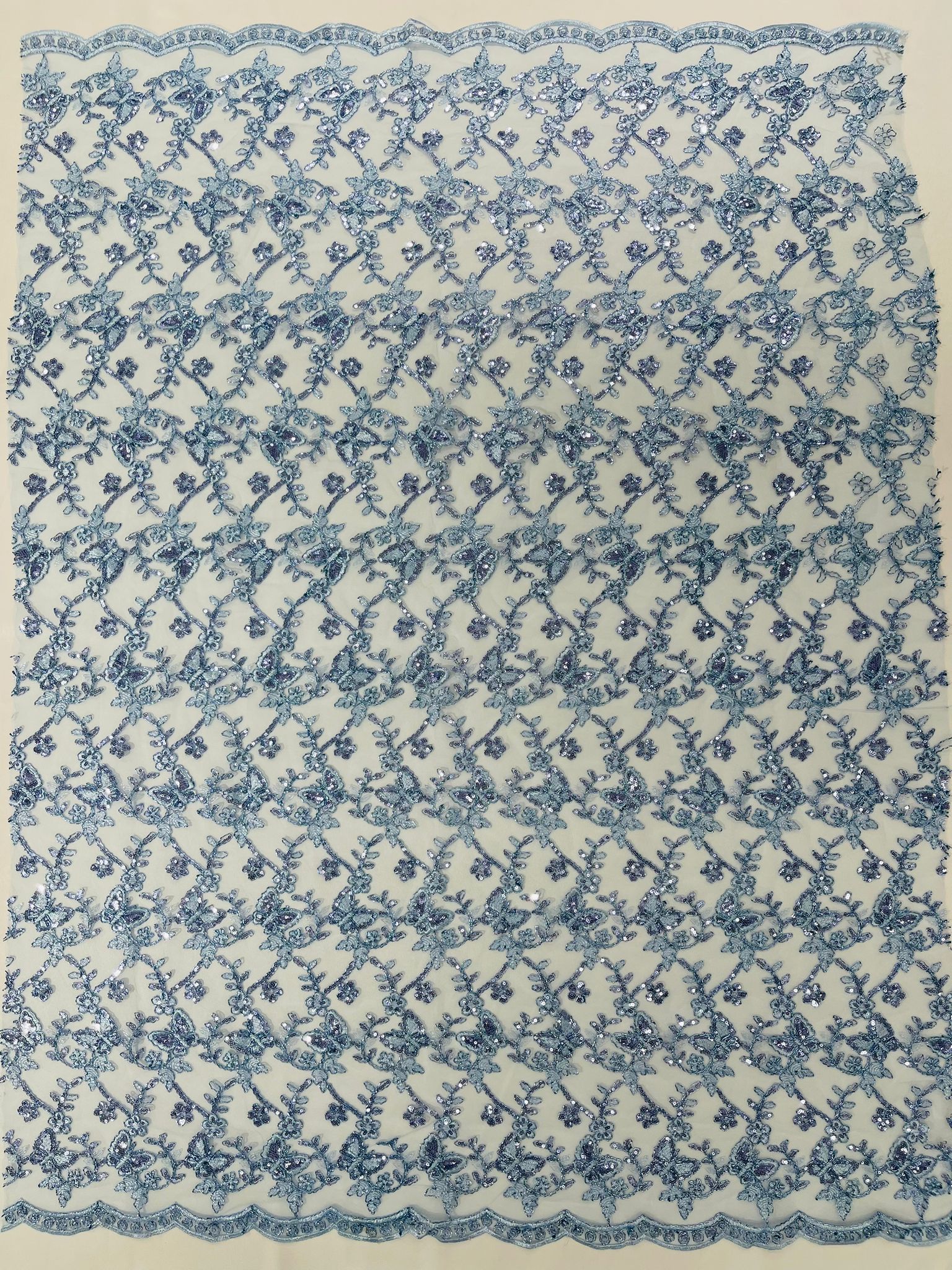 Corded Lace/ Butterfly Design Embroidered With Sequin on a Mesh Lace Fabric - New Creations Fabric & Foam Inc