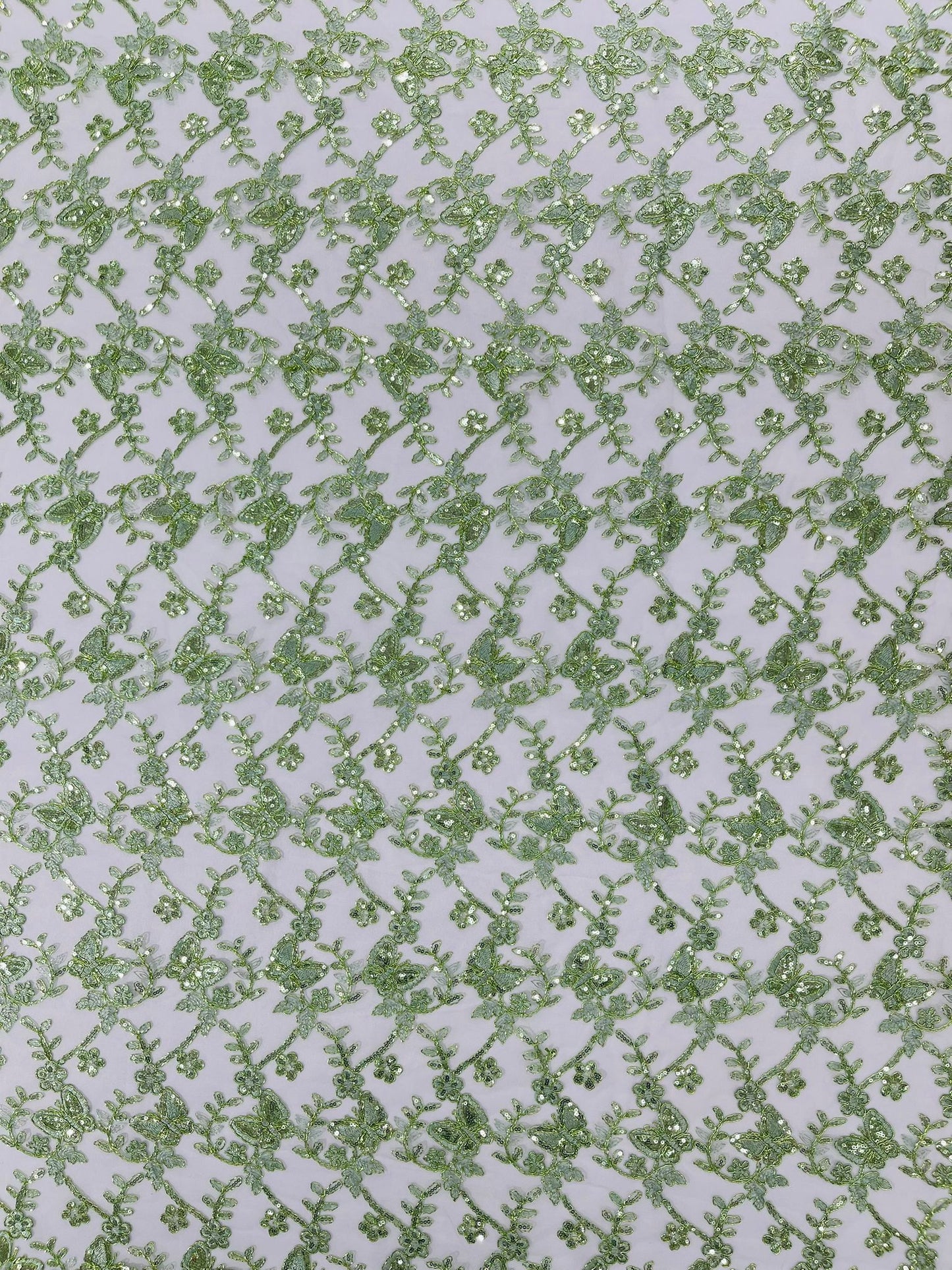 Corded Lace/ Butterfly Design Embroidered With Sequin on a Mesh Lace Fabric - New Creations Fabric & Foam Inc