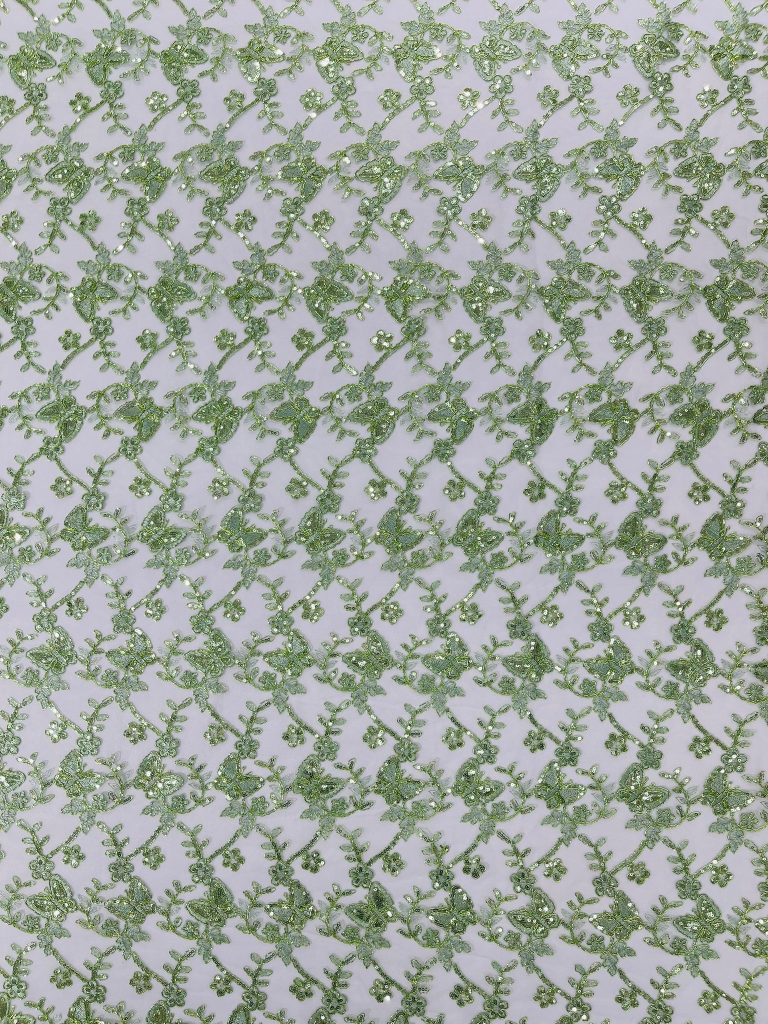 Corded Lace/ Butterfly Design Embroidered With Sequin on a Mesh Lace Fabric - New Creations Fabric & Foam Inc