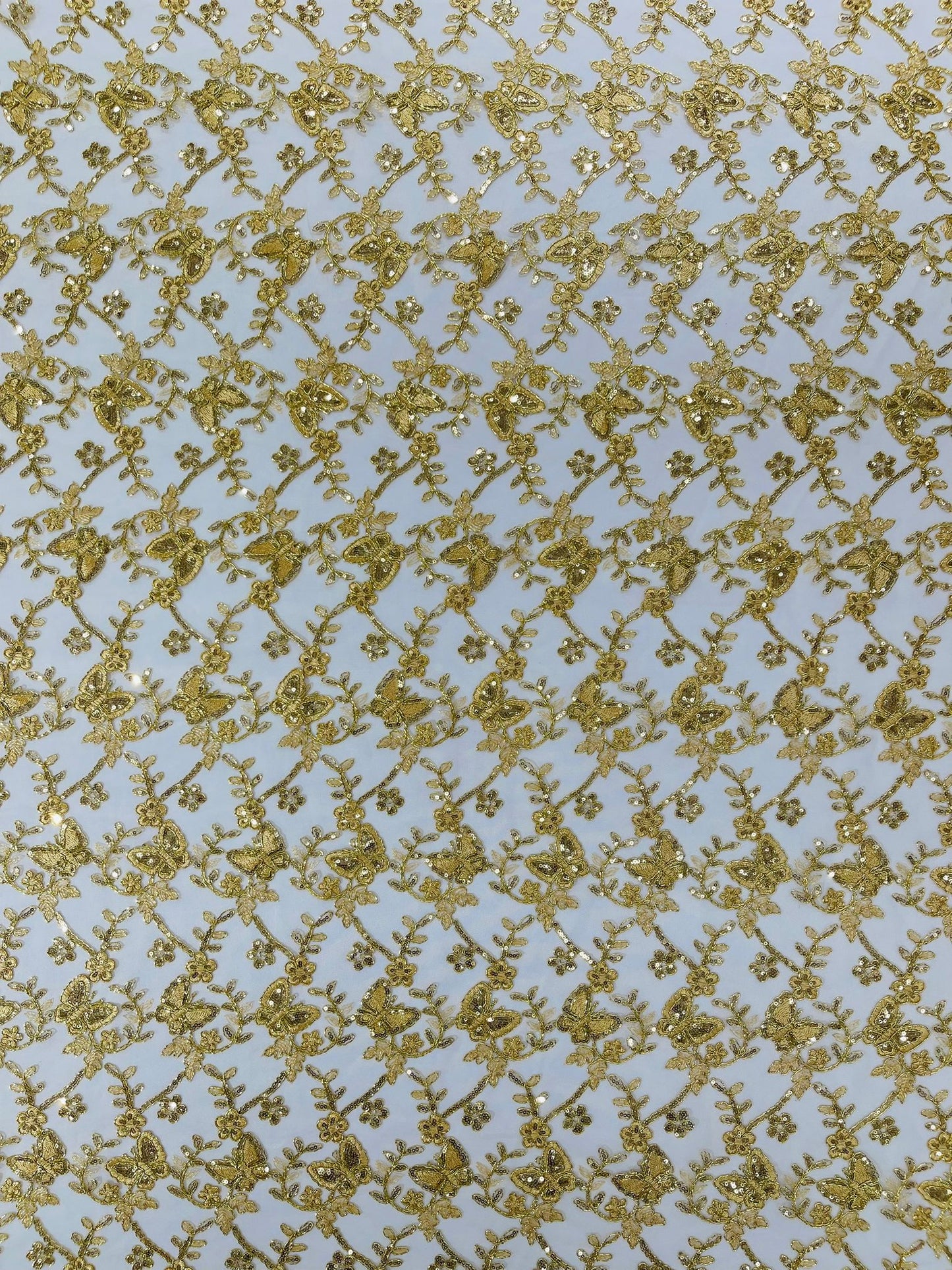 Corded Lace/ Butterfly Design Embroidered With Sequin on a Mesh Lace Fabric - New Creations Fabric & Foam Inc