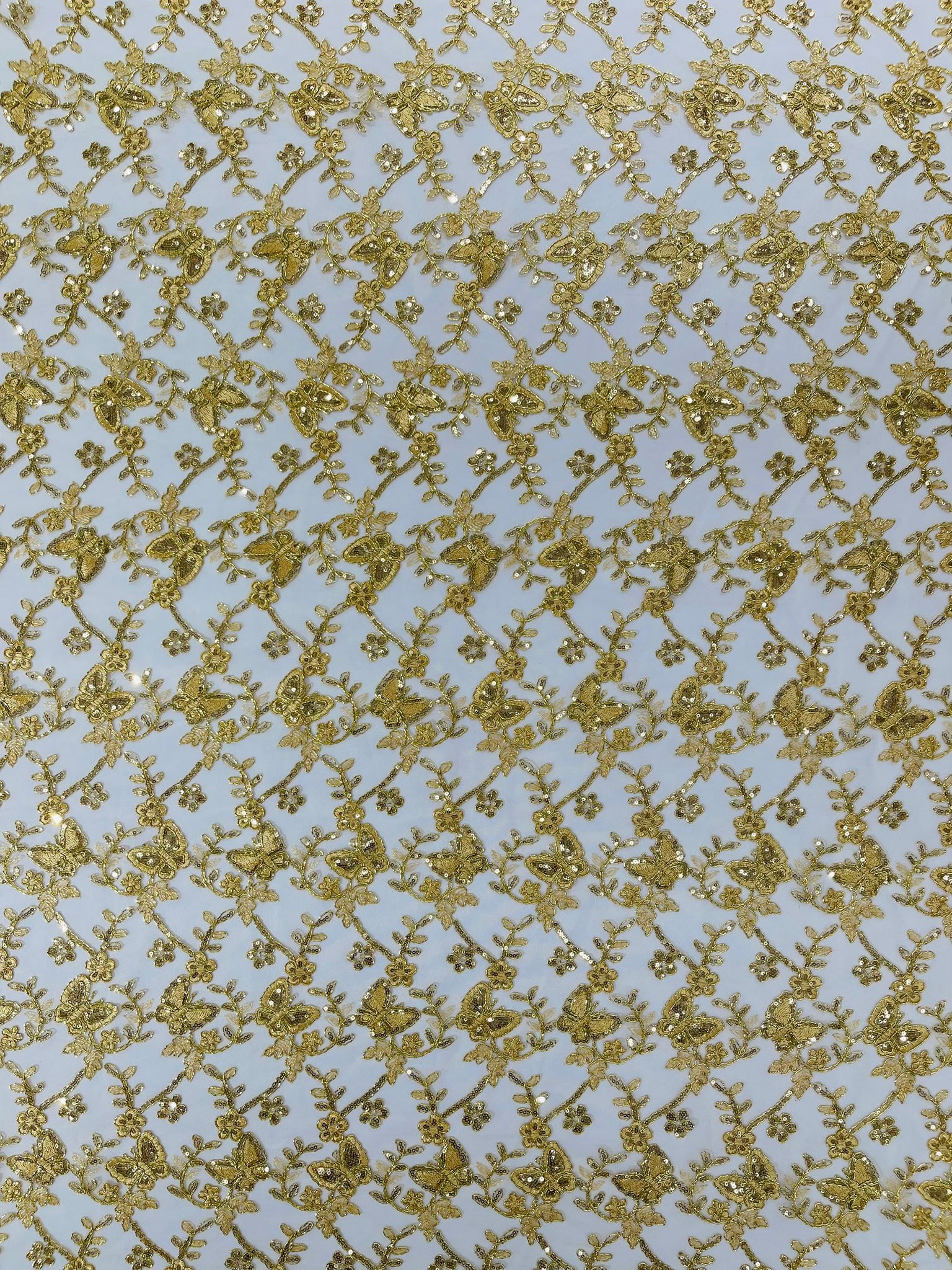 Corded Lace/ Butterfly Design Embroidered With Sequin on a Mesh Lace Fabric - New Creations Fabric & Foam Inc