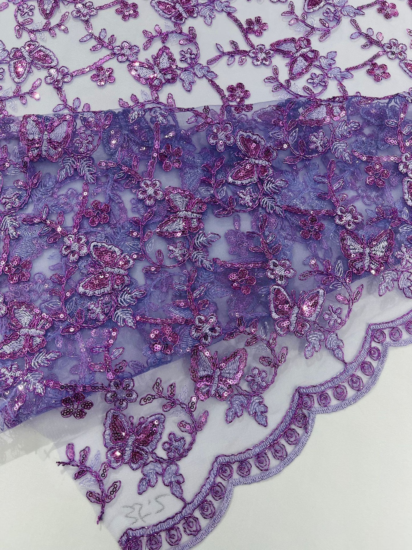 Corded Lace/ Butterfly Design Embroidered With Sequin on a Mesh Lace Fabric - New Creations Fabric & Foam Inc