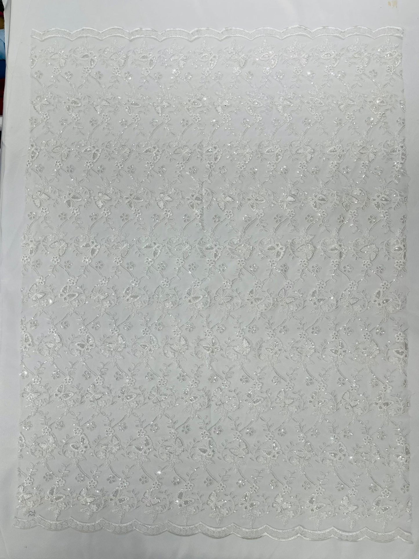 Corded Lace/ Butterfly Design Embroidered With Sequin on a Mesh Lace Fabric - New Creations Fabric & Foam Inc