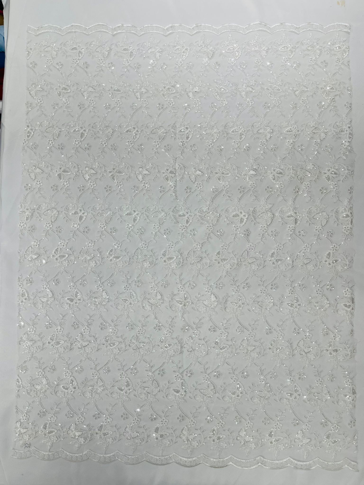 Corded Lace/ Butterfly Design Embroidered With Sequin on a Mesh Lace Fabric - New Creations Fabric & Foam Inc