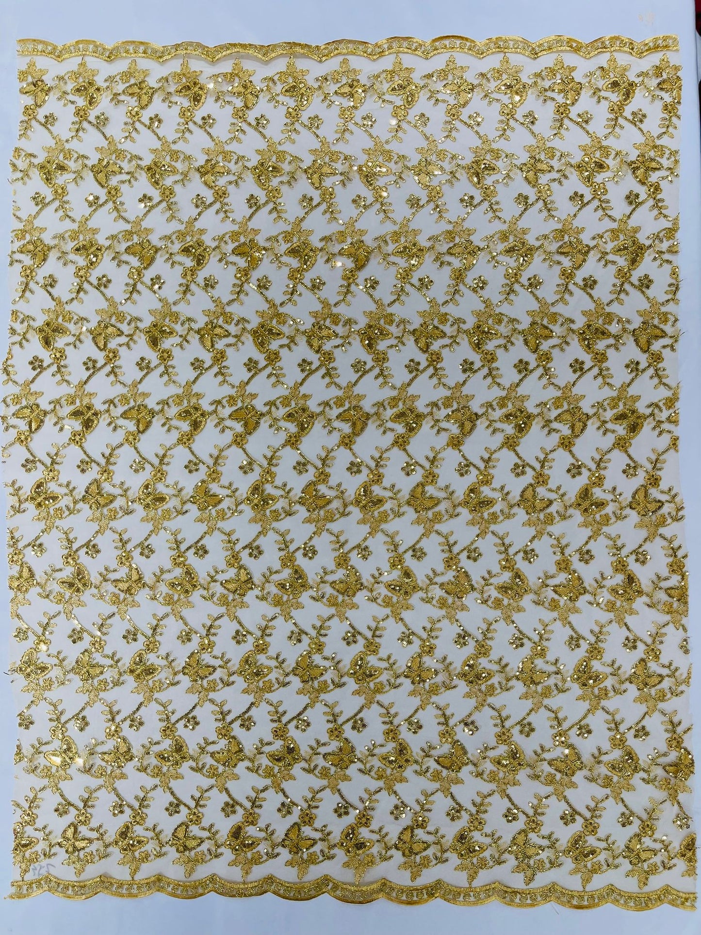 Corded Lace/ Butterfly Design Embroidered With Sequin on a Mesh Lace Fabric - New Creations Fabric & Foam Inc