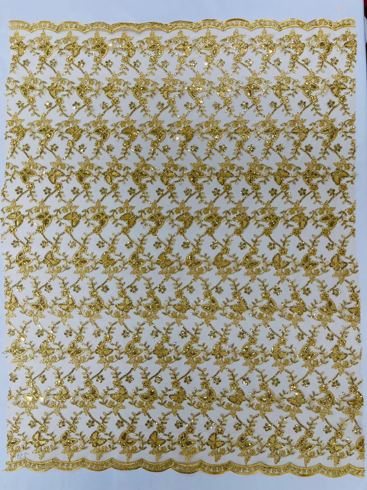 Corded Lace/ Butterfly Design Embroidered With Sequin on a Mesh Lace Fabric - New Creations Fabric & Foam Inc