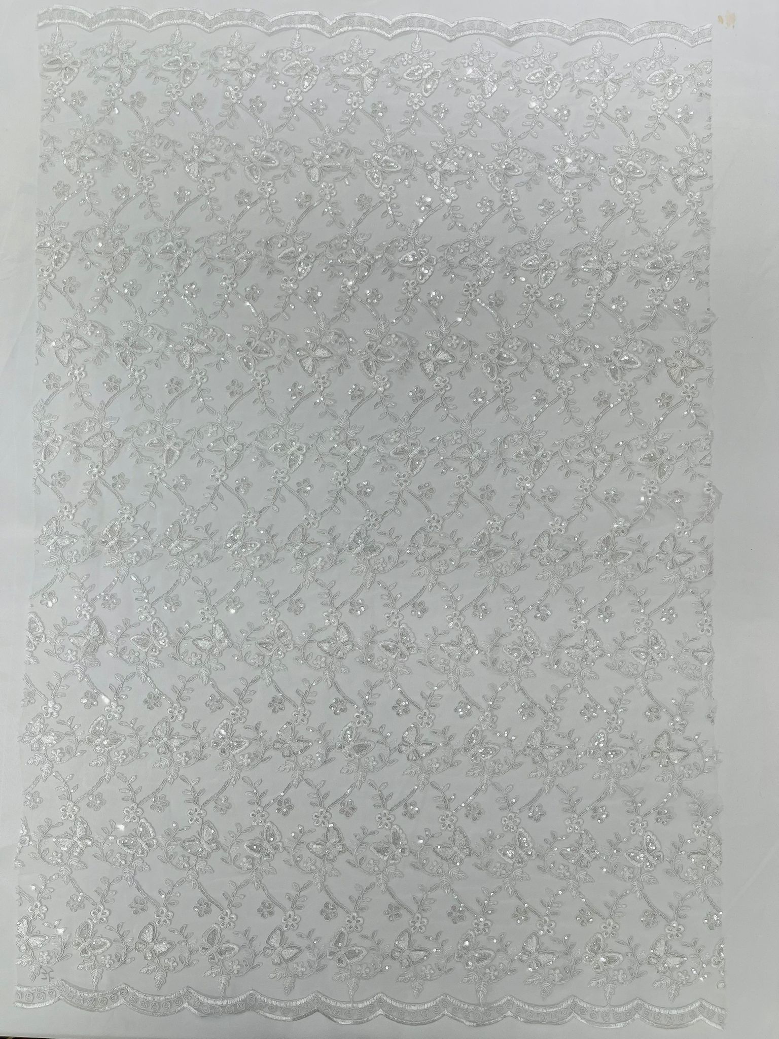 Corded Lace/ Butterfly Design Embroidered With Sequin on a Mesh Lace Fabric - New Creations Fabric & Foam Inc