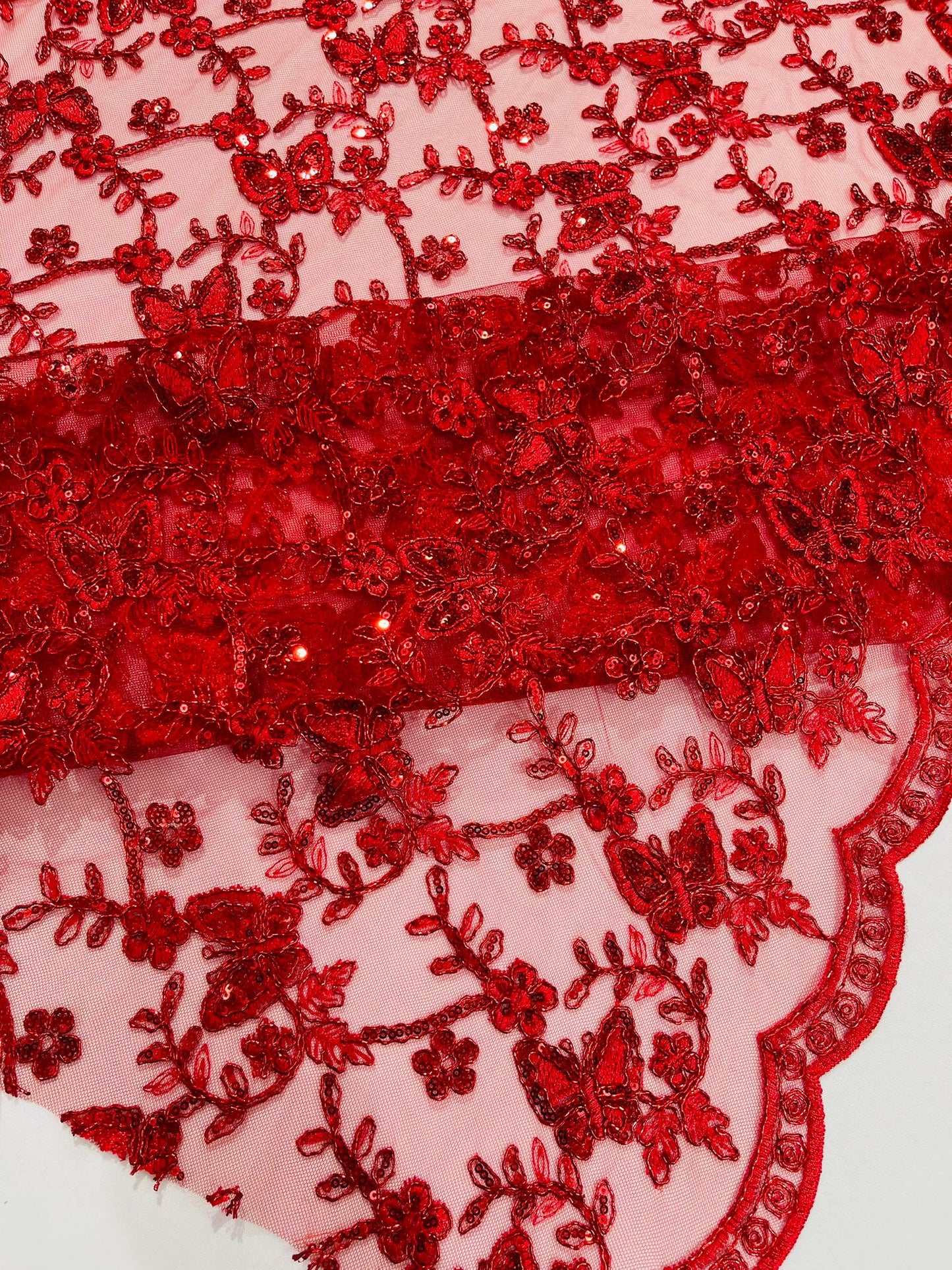 Corded Lace/ Butterfly Design Embroidered With Sequin on a Mesh Lace Fabric - New Creations Fabric & Foam Inc