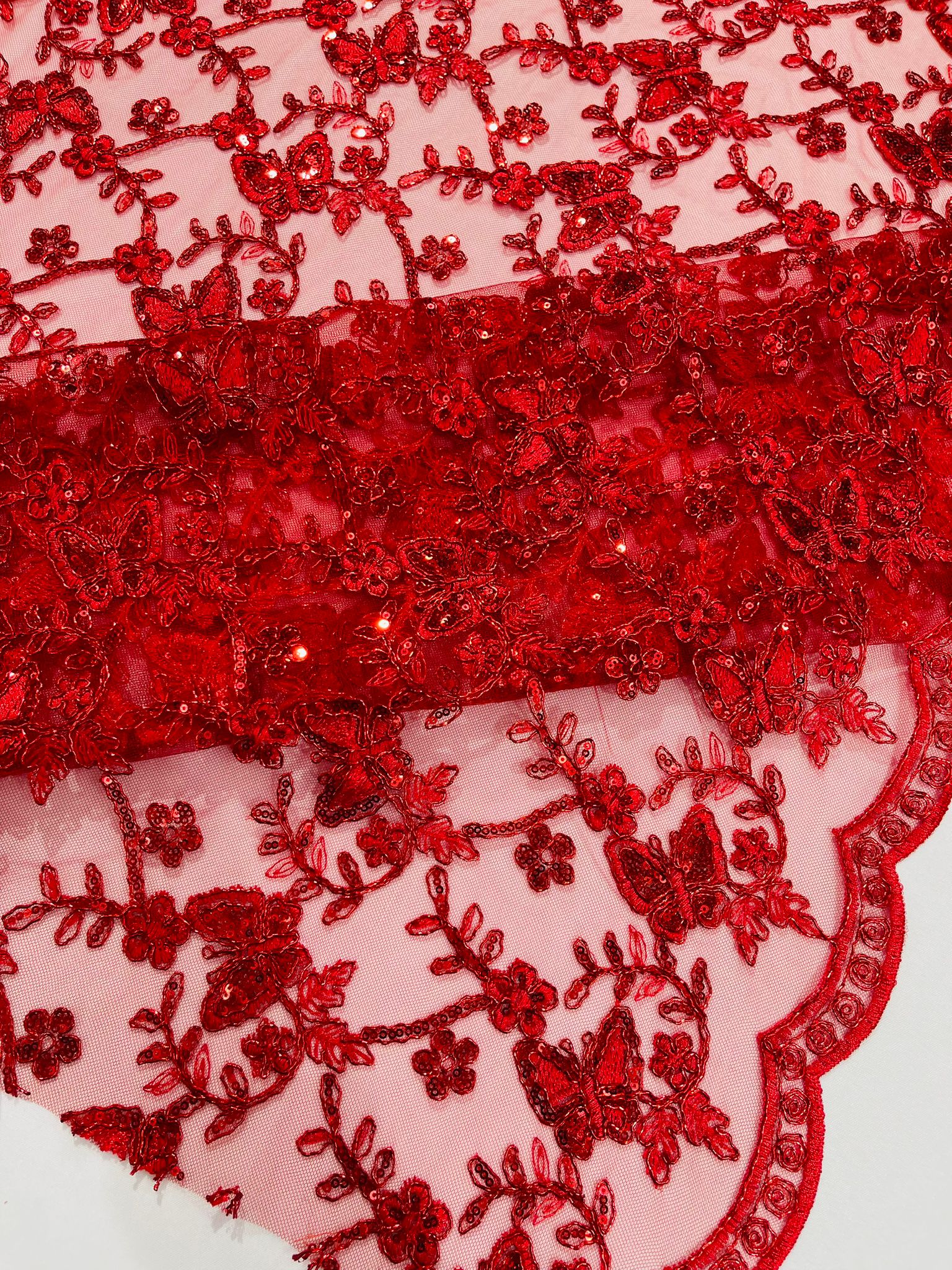 Corded Lace/ Butterfly Design Embroidered With Sequin on a Mesh Lace Fabric - New Creations Fabric & Foam Inc