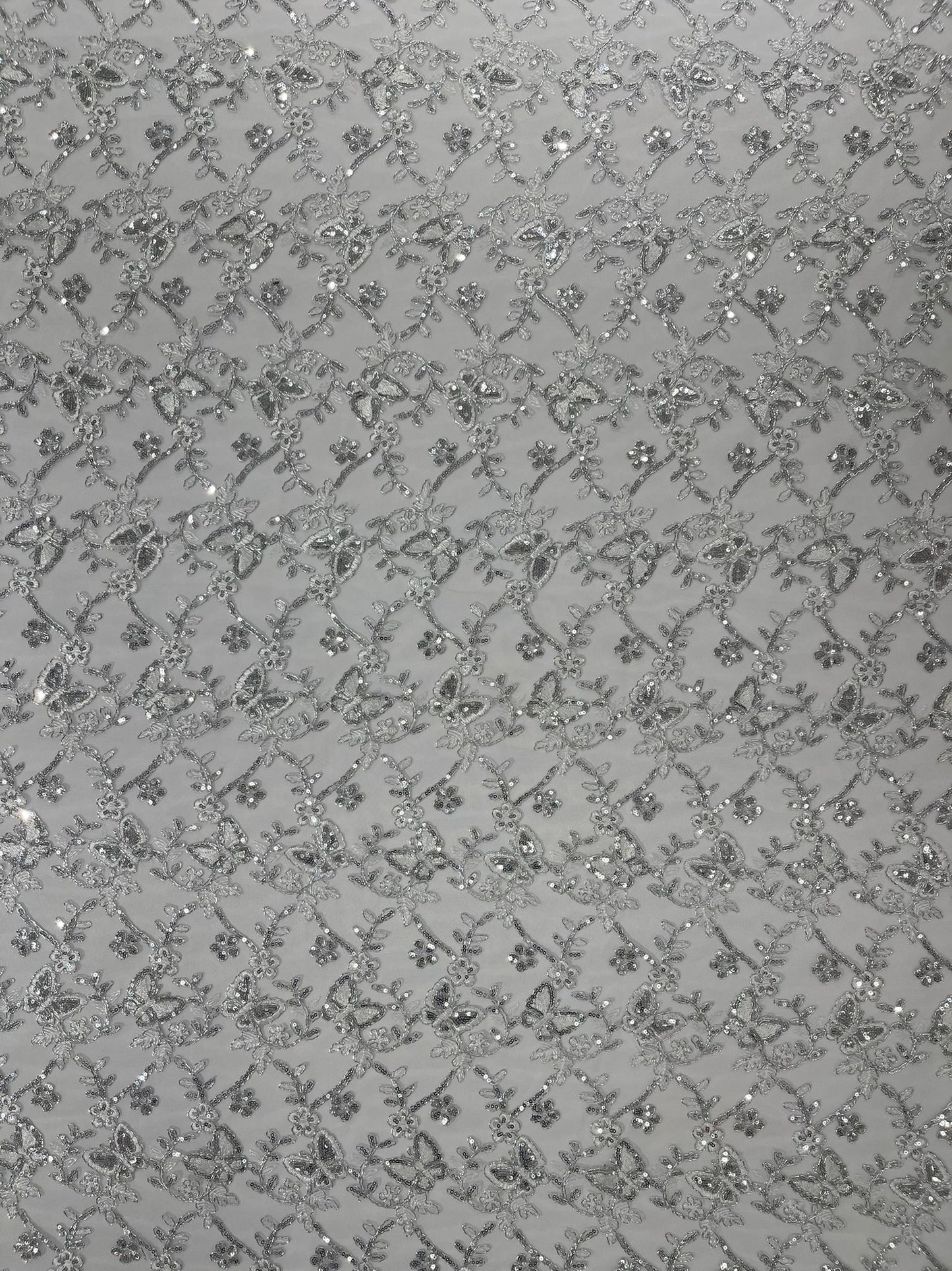 Corded Lace/ Butterfly Design Embroidered With Sequin on a Mesh Lace Fabric - New Creations Fabric & Foam Inc