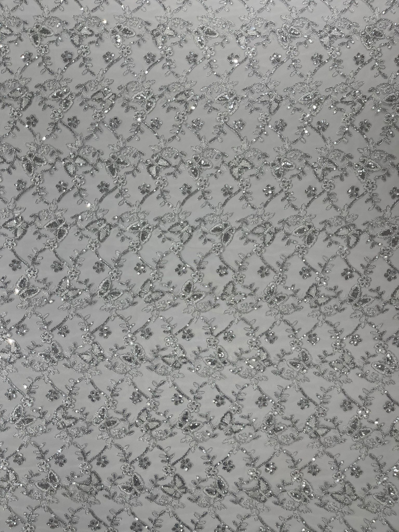 Corded Lace/ Butterfly Design Embroidered With Sequin on a Mesh Lace Fabric - New Creations Fabric & Foam Inc