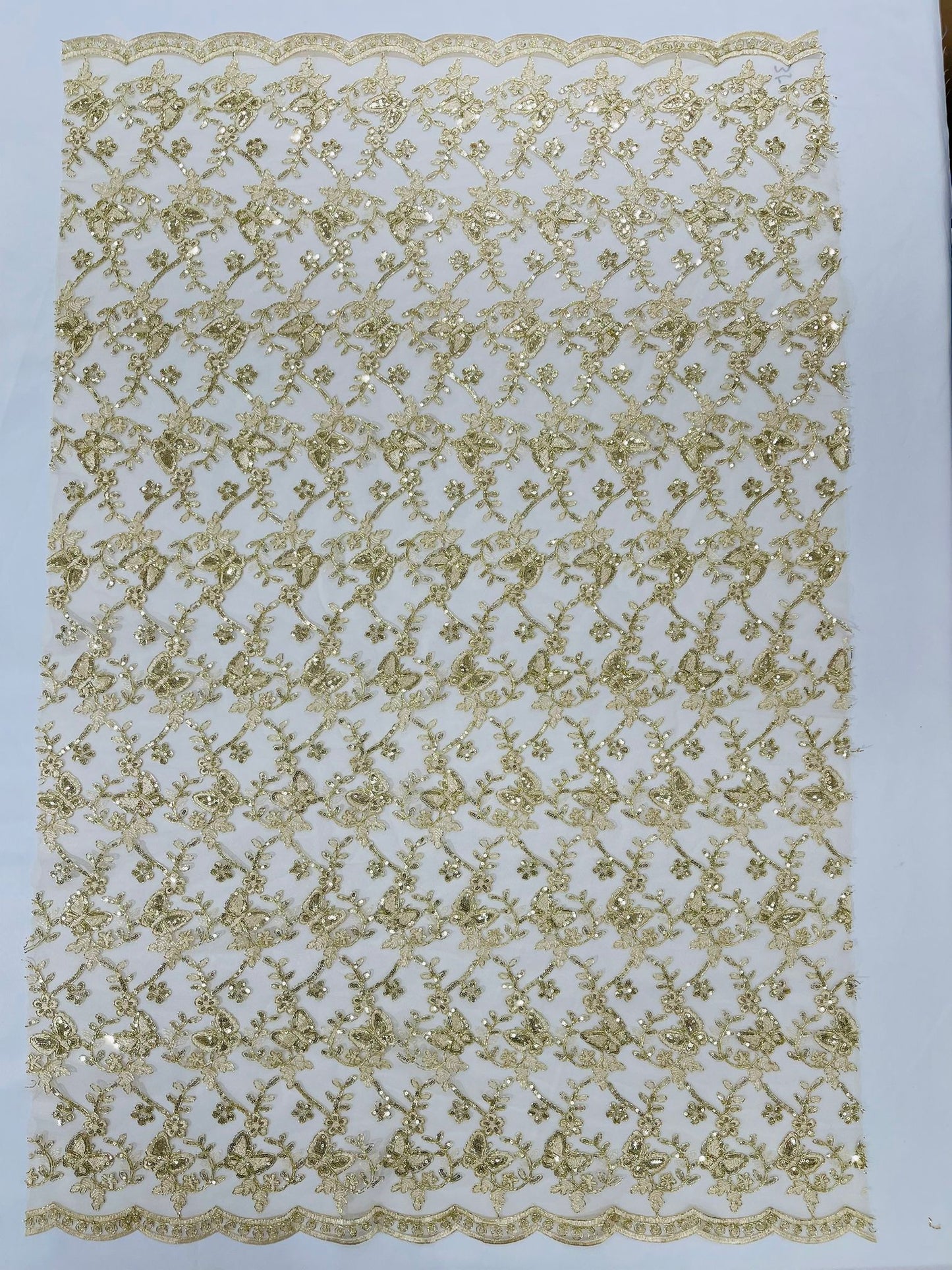 Corded Lace/ Butterfly Design Embroidered With Sequin on a Mesh Lace Fabric - New Creations Fabric & Foam Inc