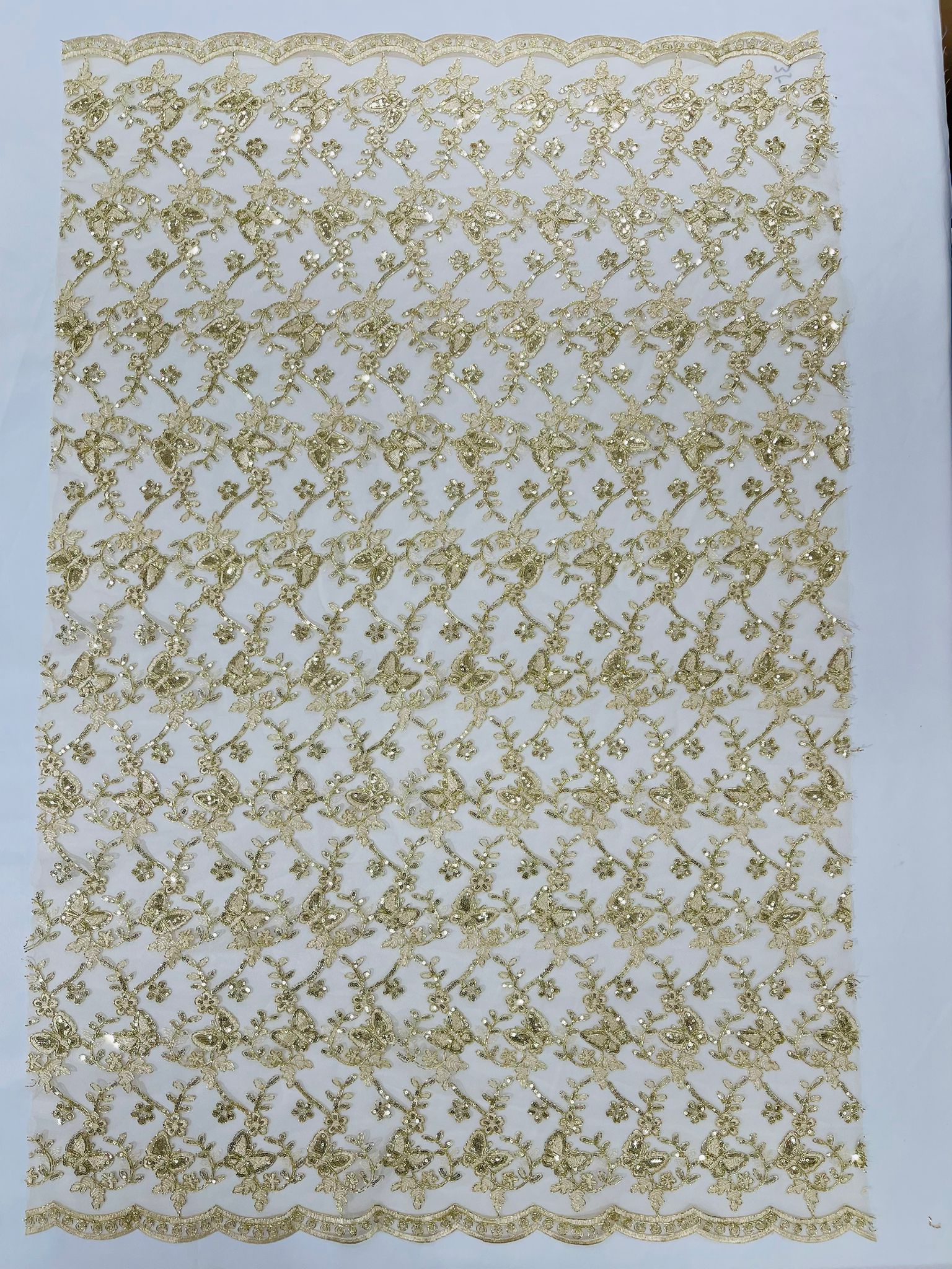 Corded Lace/ Butterfly Design Embroidered With Sequin on a Mesh Lace Fabric - New Creations Fabric & Foam Inc