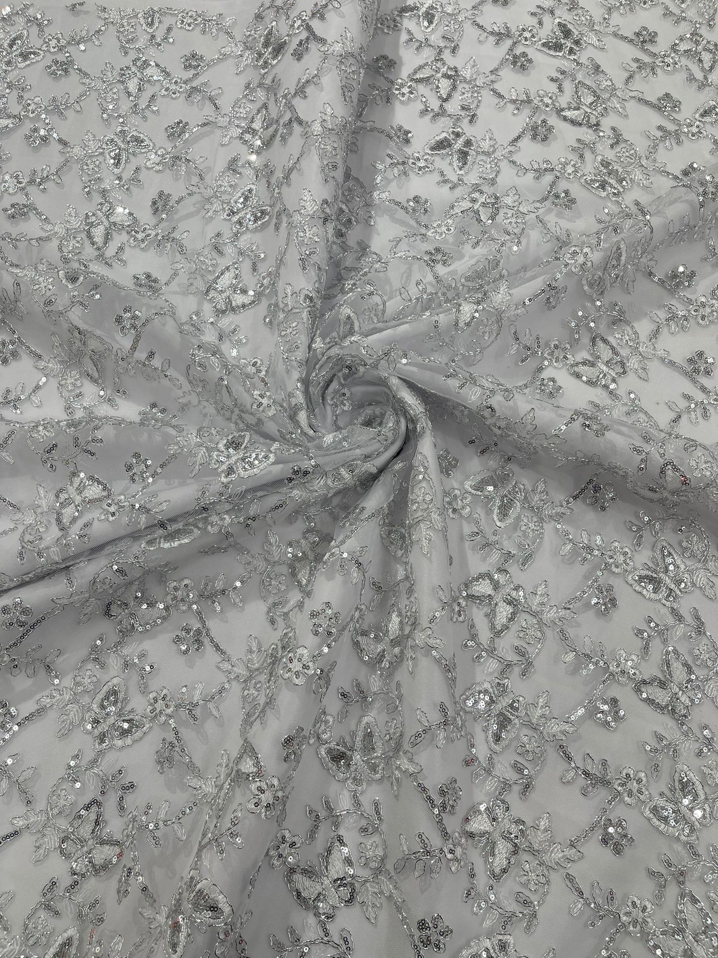 Corded Lace/ Butterfly Design Embroidered With Sequin on a Mesh Lace Fabric - New Creations Fabric & Foam Inc
