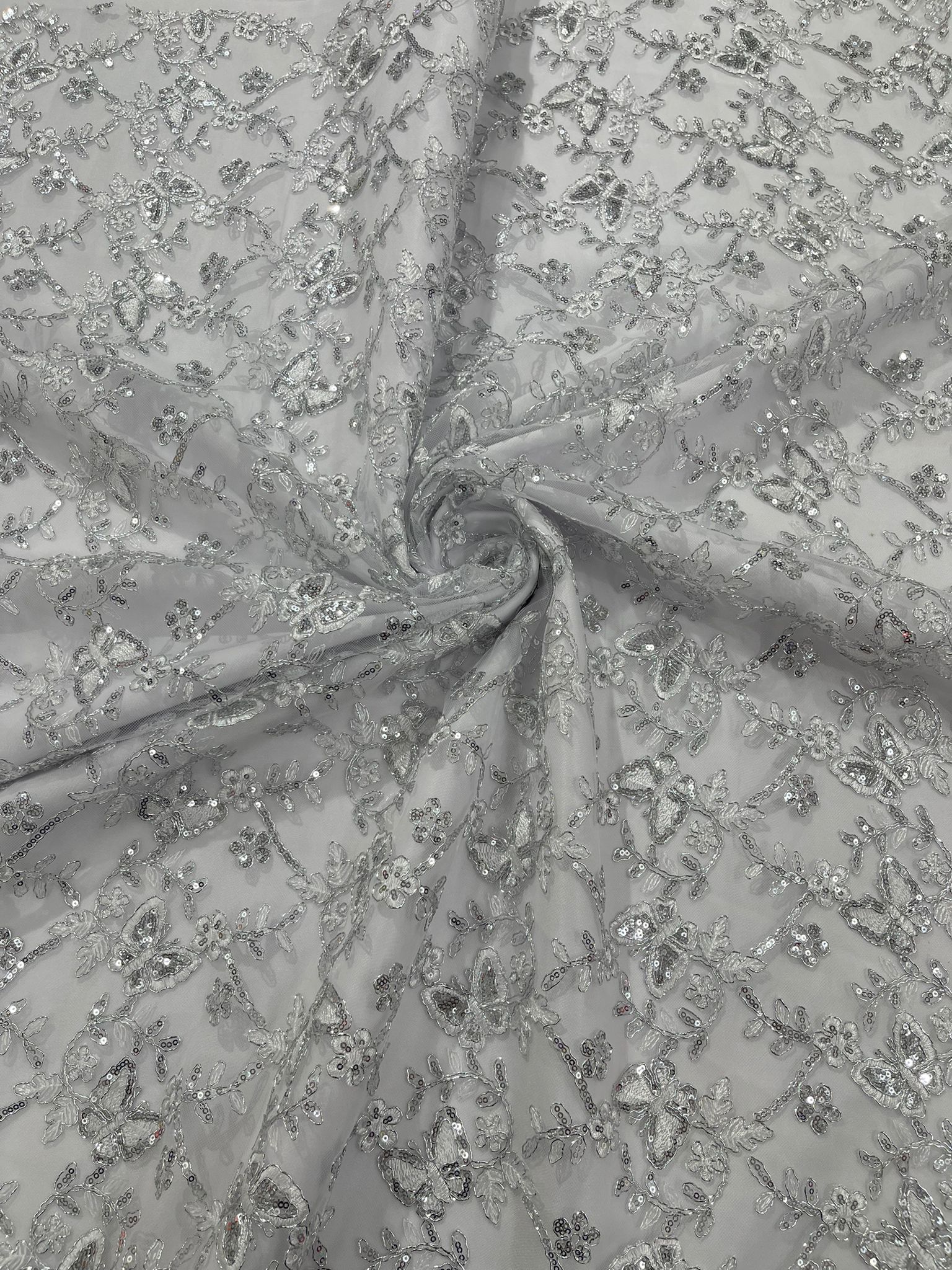 Corded Lace/ Butterfly Design Embroidered With Sequin on a Mesh Lace Fabric - New Creations Fabric & Foam Inc