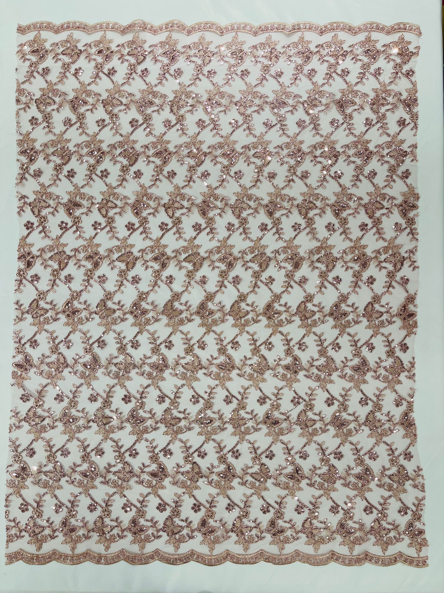 Corded Lace/ Butterfly Design Embroidered With Sequin on a Mesh Lace Fabric - New Creations Fabric & Foam Inc