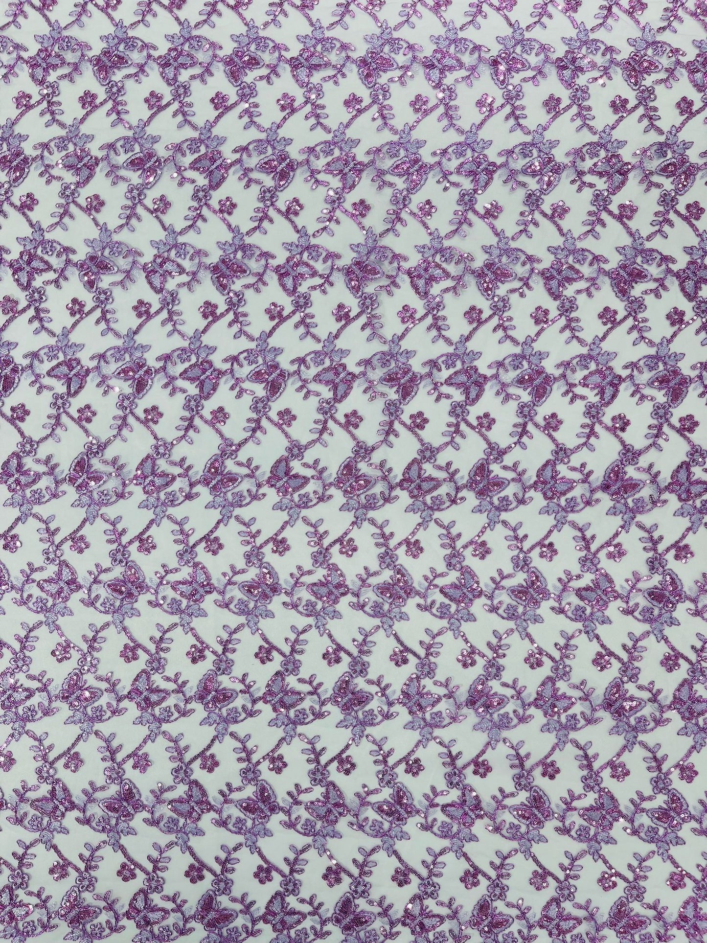 Corded Lace/ Butterfly Design Embroidered With Sequin on a Mesh Lace Fabric - New Creations Fabric & Foam Inc