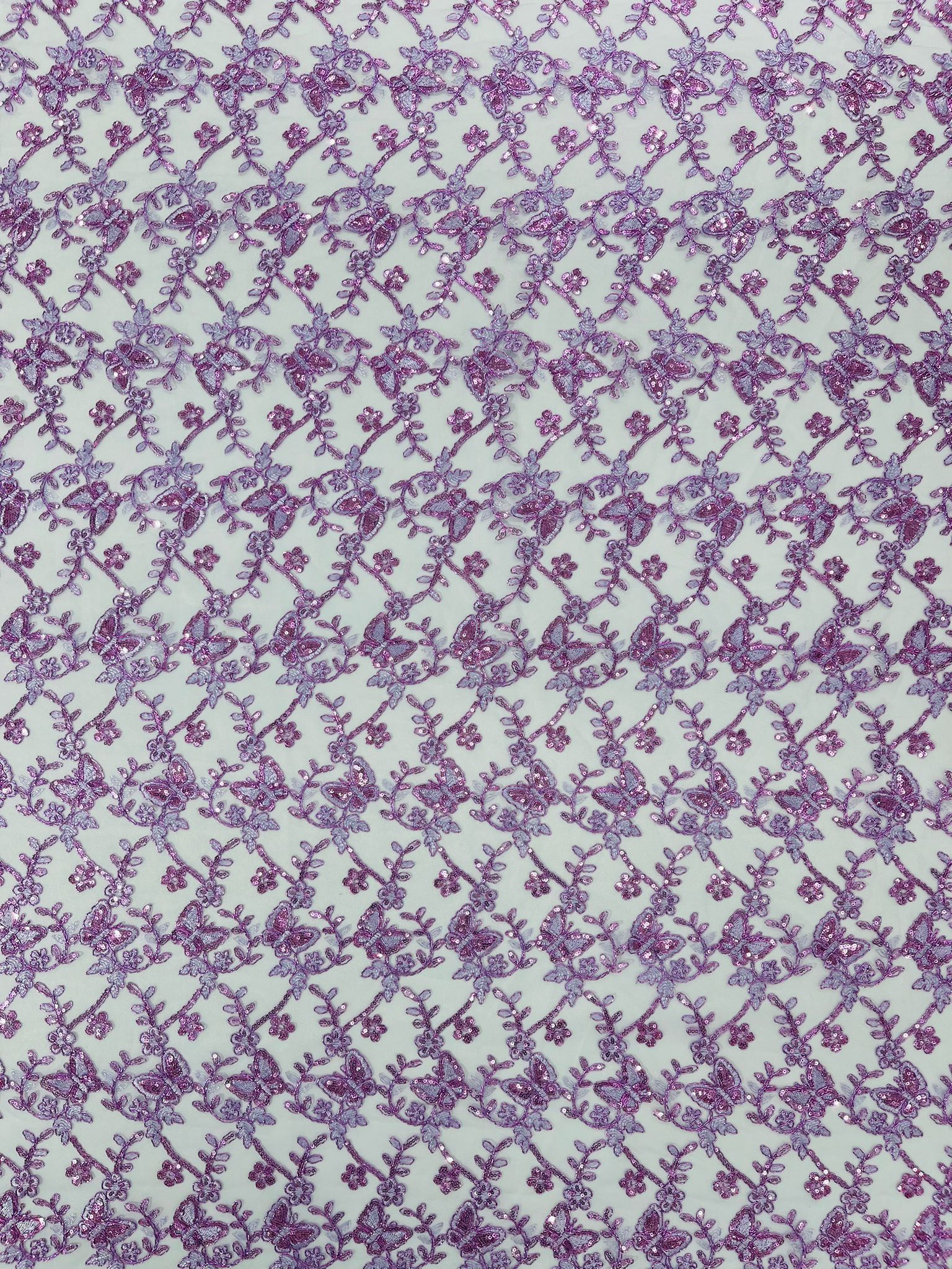 Corded Lace/ Butterfly Design Embroidered With Sequin on a Mesh Lace Fabric - New Creations Fabric & Foam Inc