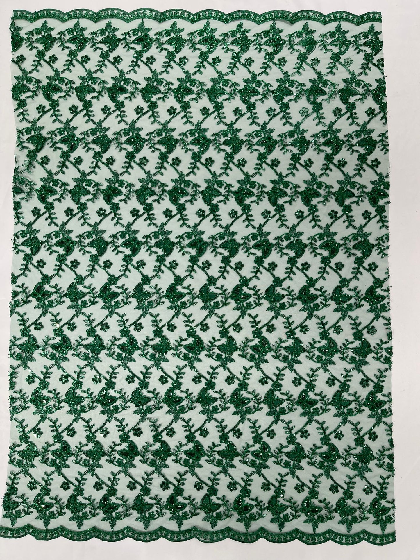 Corded Lace/ Butterfly Design Embroidered With Sequin on a Mesh Lace Fabric - New Creations Fabric & Foam Inc