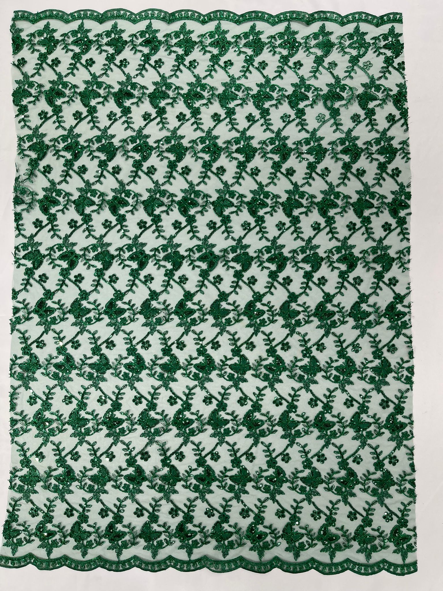 Corded Lace/ Butterfly Design Embroidered With Sequin on a Mesh Lace Fabric - New Creations Fabric & Foam Inc