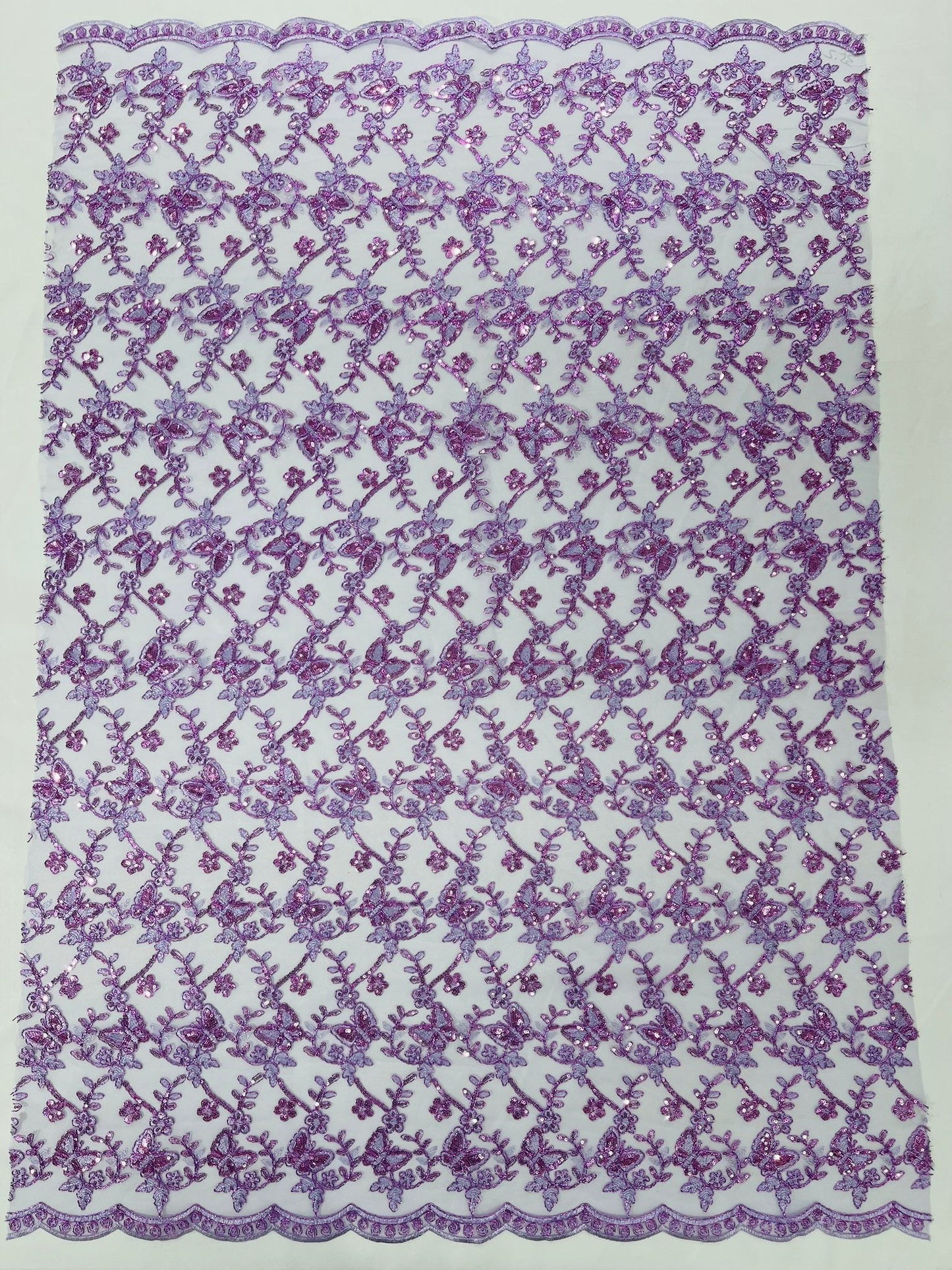 Corded Lace/ Butterfly Design Embroidered With Sequin on a Mesh Lace Fabric - New Creations Fabric & Foam Inc