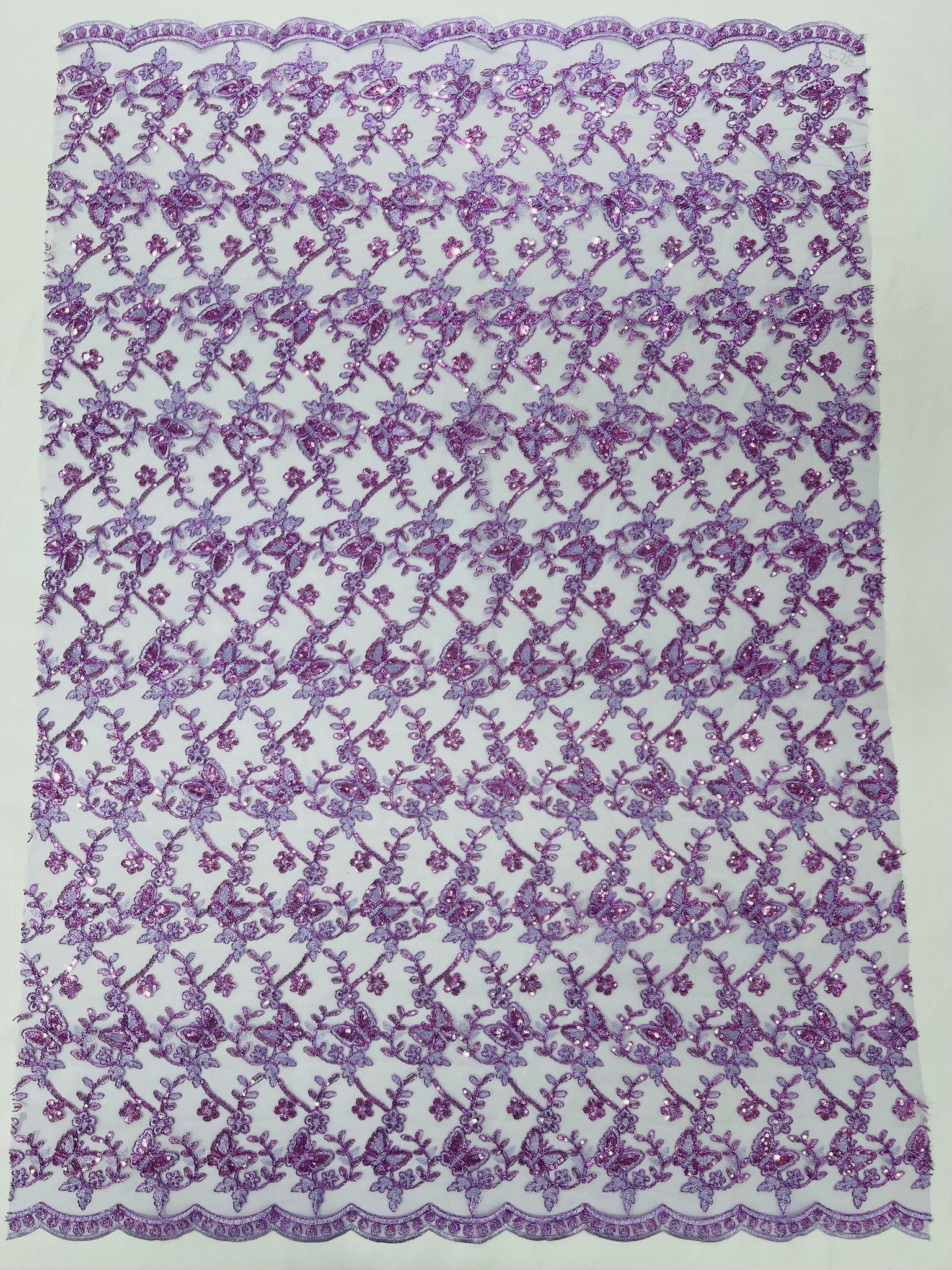 Corded Lace/ Butterfly Design Embroidered With Sequin on a Mesh Lace Fabric - New Creations Fabric & Foam Inc