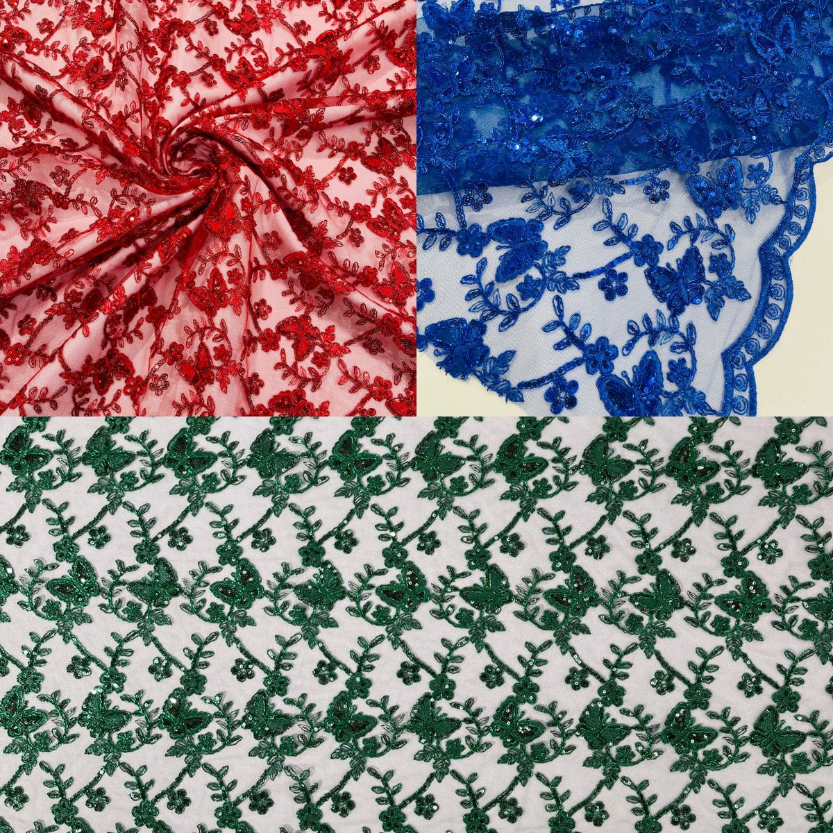 Corded Lace/ Butterfly Design Embroidered With Sequin on a Mesh Lace Fabric - New Creations Fabric & Foam Inc