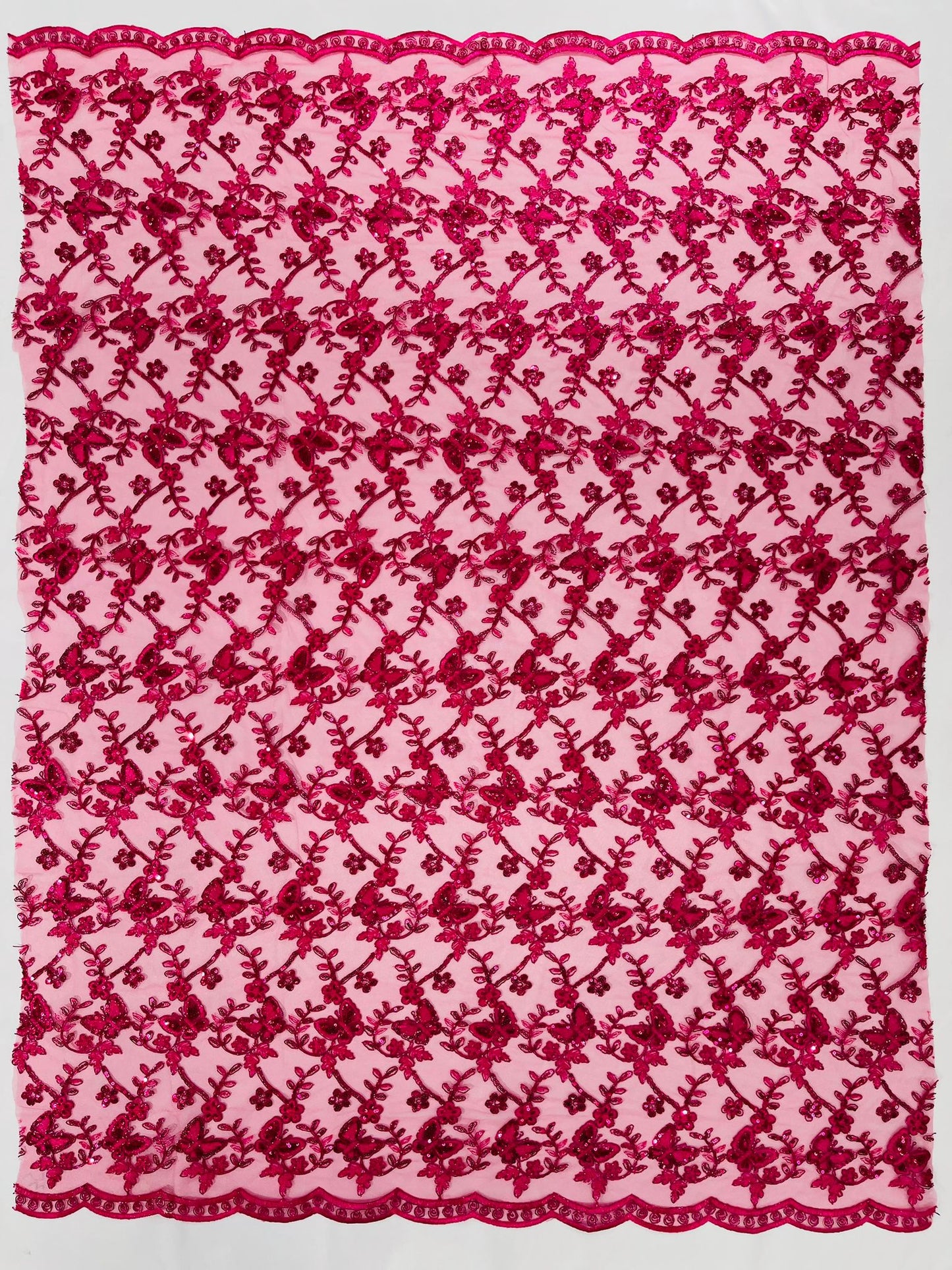 Corded Lace/ Butterfly Design Embroidered With Sequin on a Mesh Lace Fabric - New Creations Fabric & Foam Inc