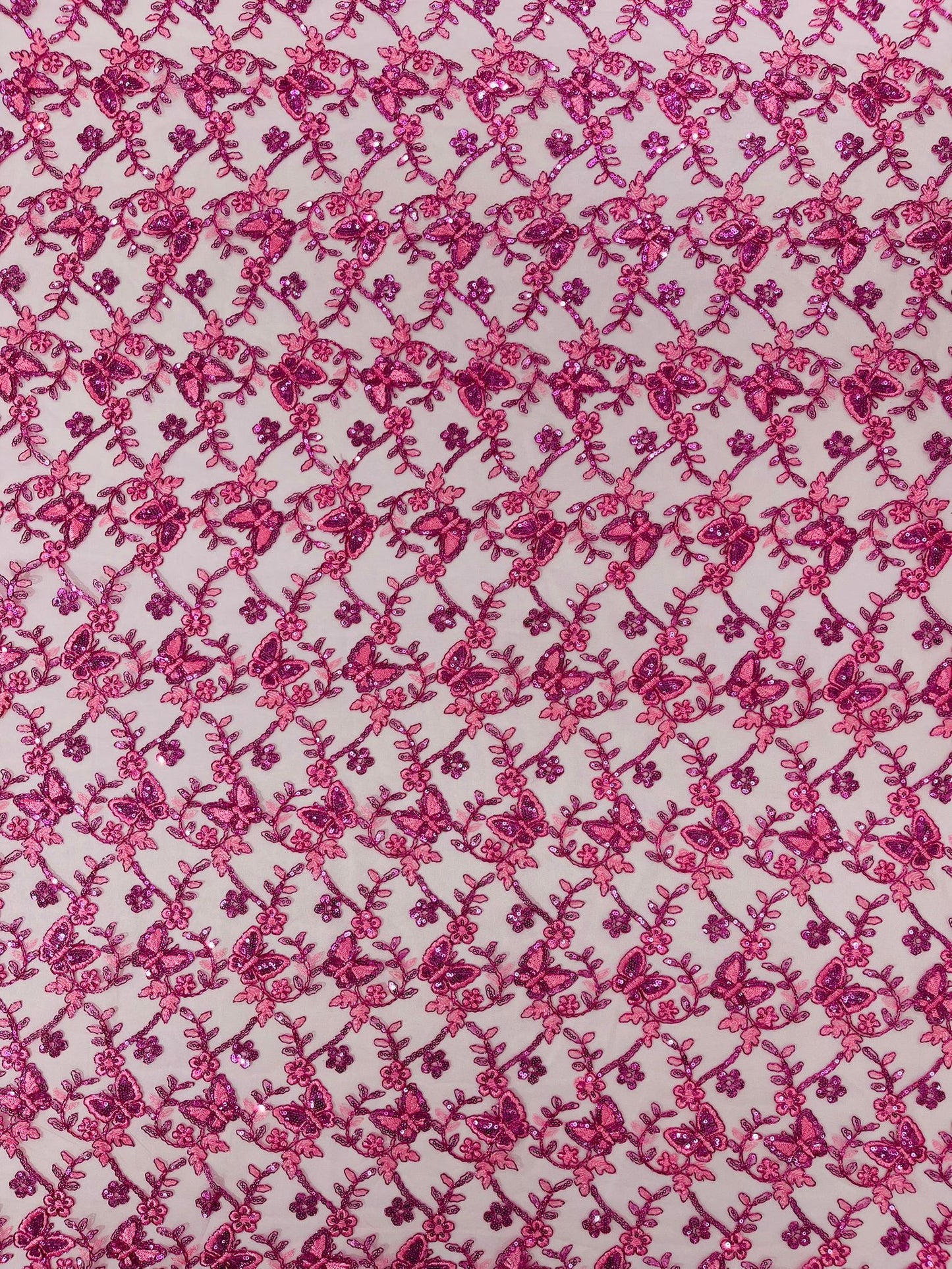 Corded Lace/ Butterfly Design Embroidered With Sequin on a Mesh Lace Fabric - New Creations Fabric & Foam Inc