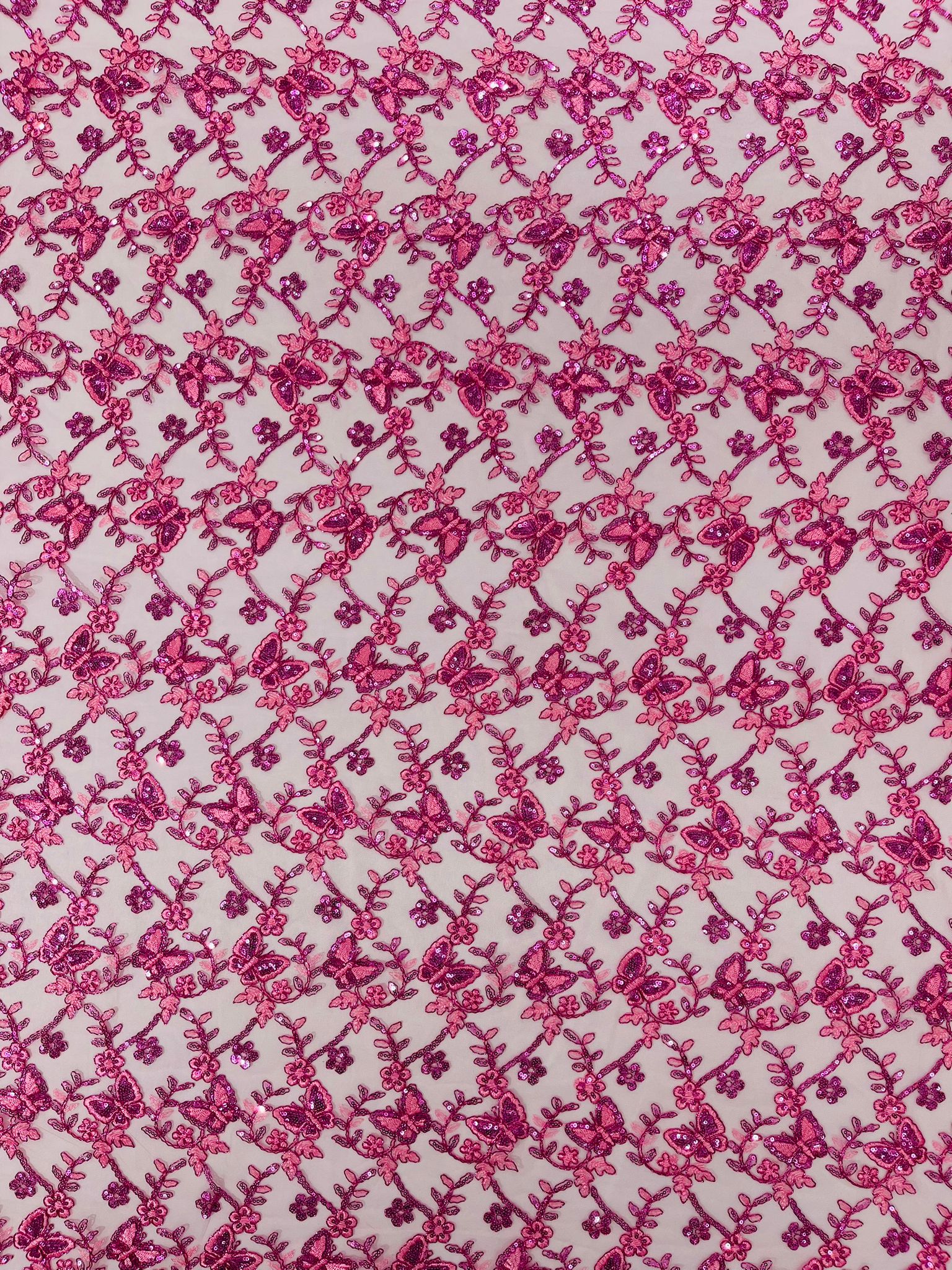 Corded Lace/ Butterfly Design Embroidered With Sequin on a Mesh Lace Fabric - New Creations Fabric & Foam Inc