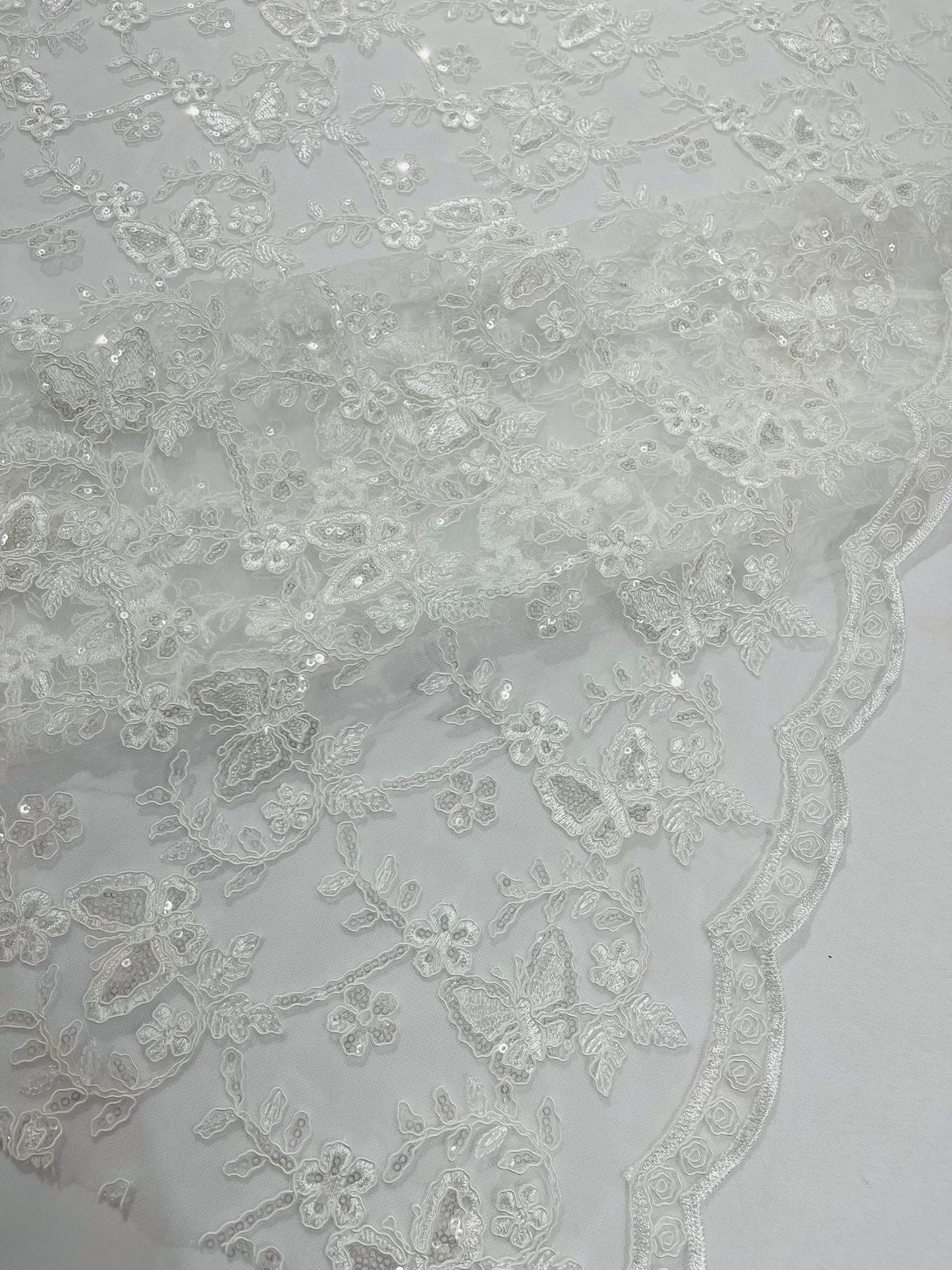 Corded Lace/ Butterfly Design Embroidered With Sequin on a Mesh Lace Fabric - New Creations Fabric & Foam Inc