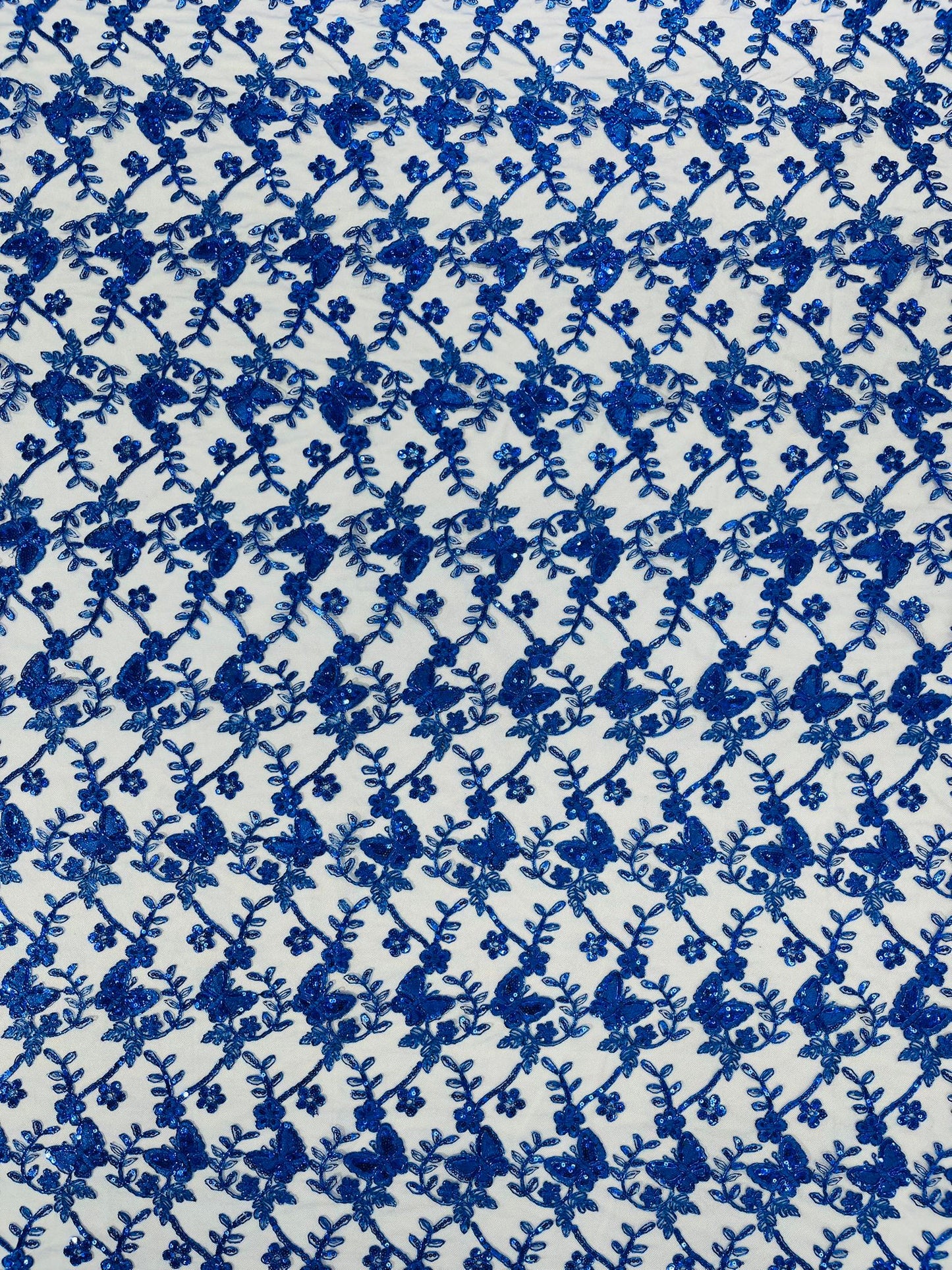 Corded Lace/ Butterfly Design Embroidered With Sequin on a Mesh Lace Fabric - New Creations Fabric & Foam Inc