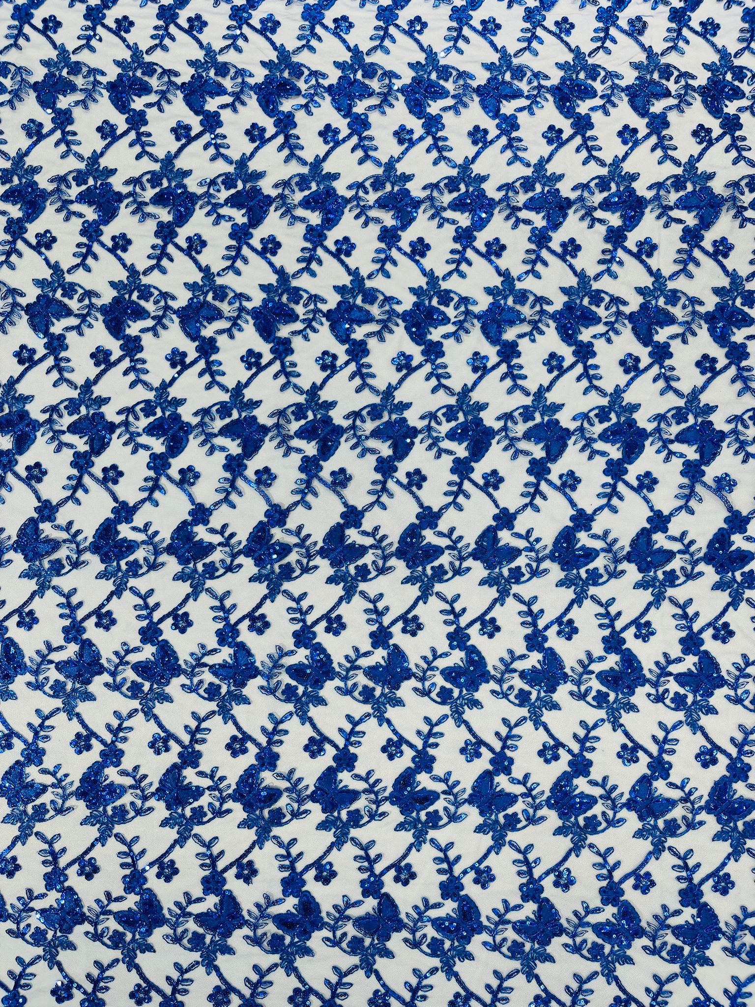 Corded Lace/ Butterfly Design Embroidered With Sequin on a Mesh Lace Fabric - New Creations Fabric & Foam Inc