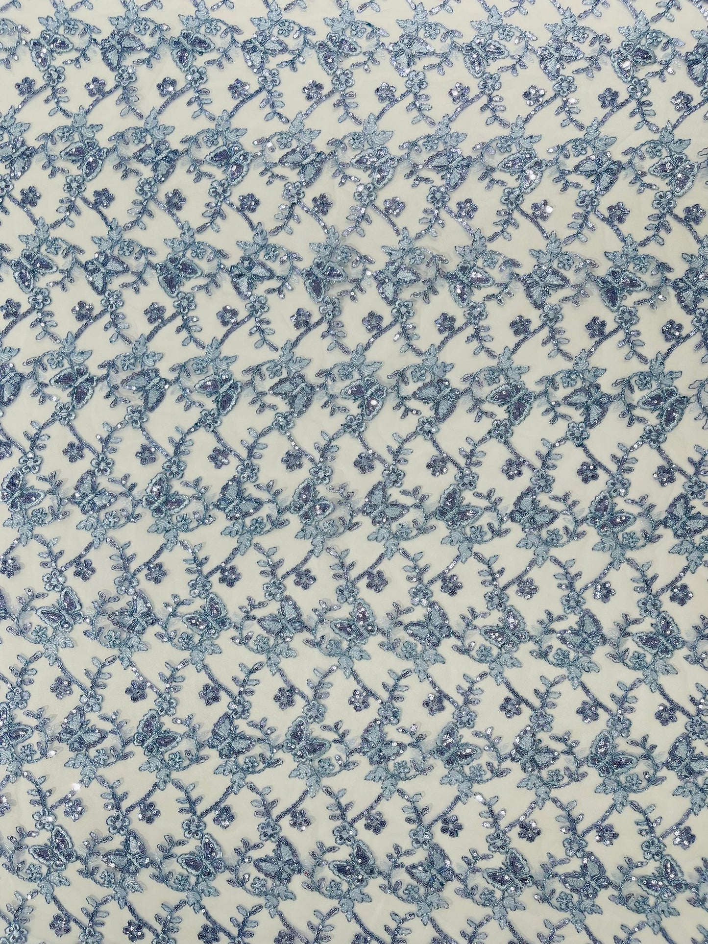 Corded Lace/ Butterfly Design Embroidered With Sequin on a Mesh Lace Fabric - New Creations Fabric & Foam Inc