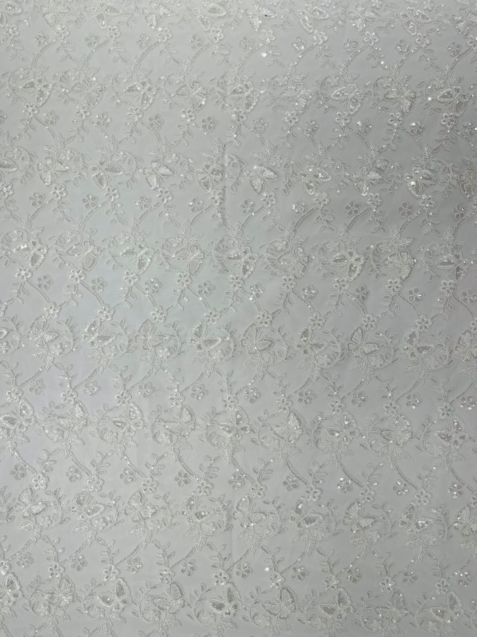 Corded Lace/ Butterfly Design Embroidered With Sequin on a Mesh Lace Fabric - New Creations Fabric & Foam Inc