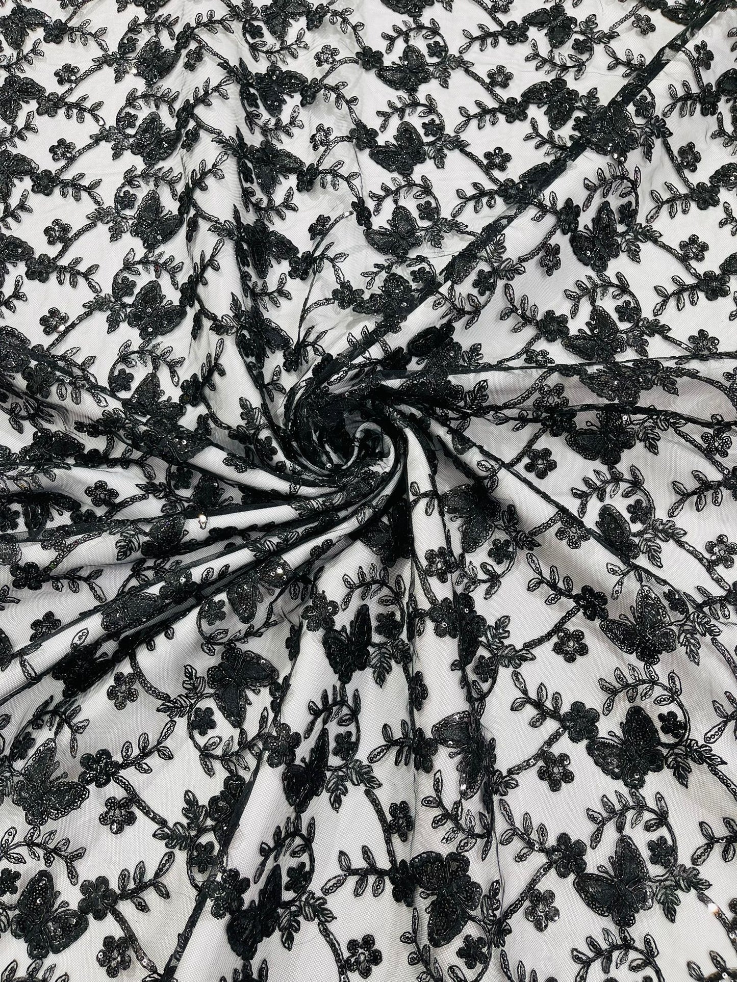 Corded Lace/ Butterfly Design Embroidered With Sequin on a Mesh Lace Fabric - New Creations Fabric & Foam Inc