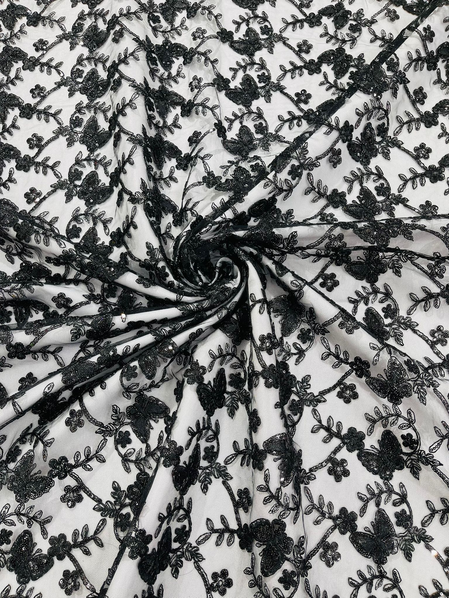 Corded Lace/ Butterfly Design Embroidered With Sequin on a Mesh Lace Fabric - New Creations Fabric & Foam Inc