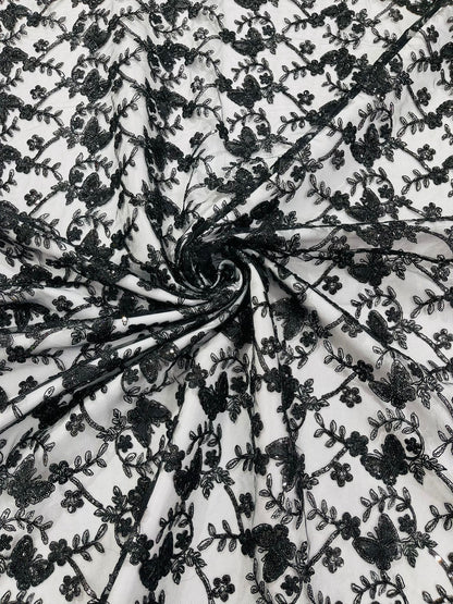 Corded Lace/ Butterfly Design Embroidered With Sequin on a Mesh Lace Fabric - New Creations Fabric & Foam Inc