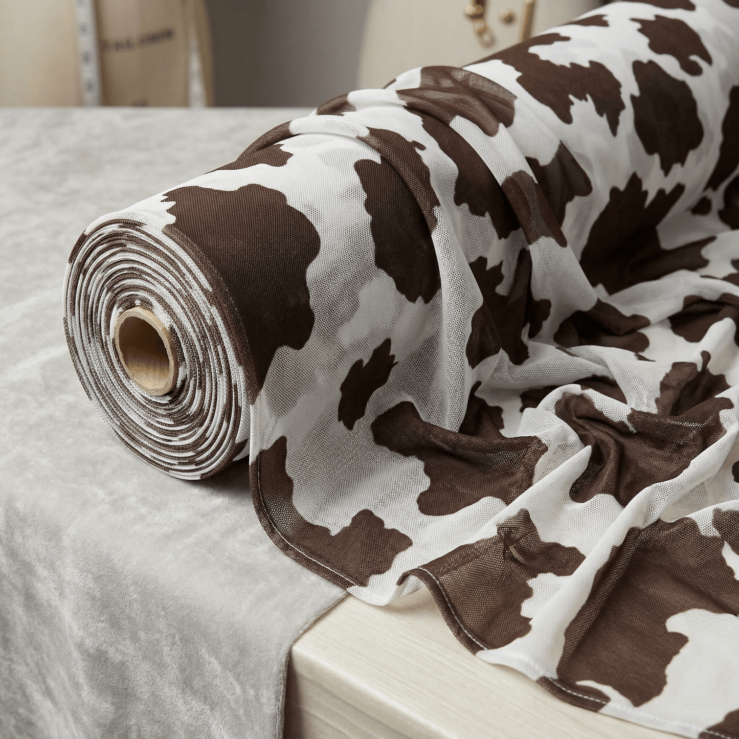 Cow Print Stretch Power Mesh Fabric 58” Wide – Sheer 4 Way Stretch Animal Print Mesh Fabric by the Yard for Dresses, Dancewear, Lingerie & Costumes - New Creations Fabric & Foam Inc