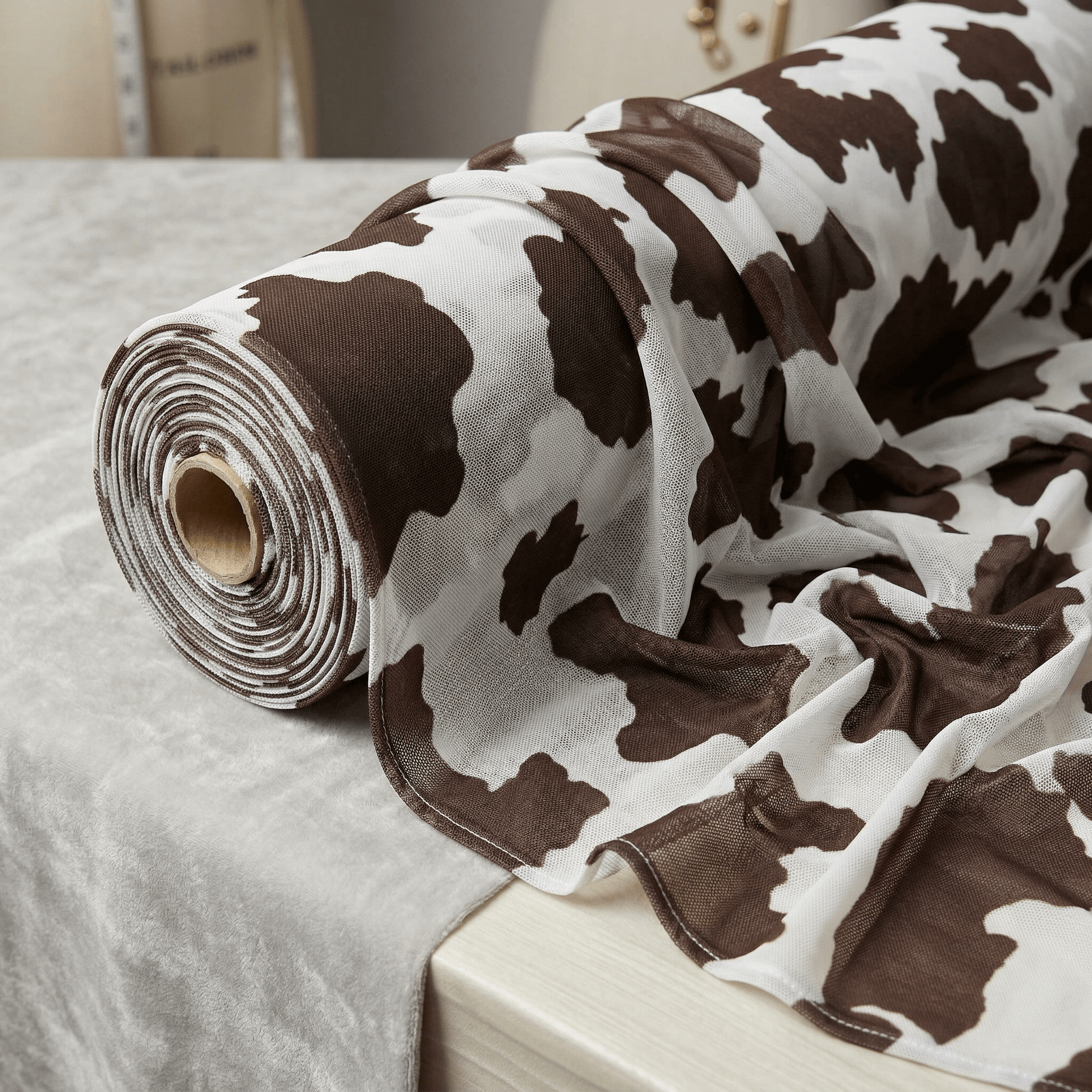 Cow Print Stretch Power Mesh Fabric 58” Wide – Sheer 4 Way Stretch Animal Print Mesh Fabric by the Yard for Dresses, Dancewear, Lingerie & Costumes - New Creations Fabric & Foam Inc