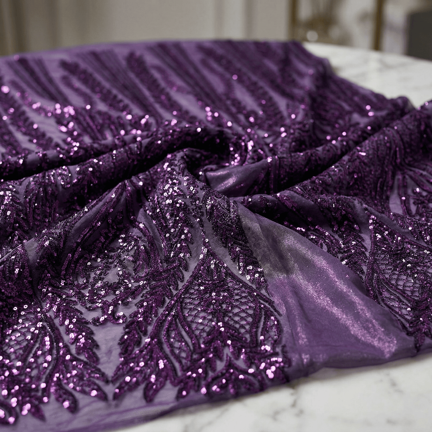 Damask Sequin Stretch Mesh Fabric by the Yard 54” Wide – Floral Iridescent Sequin Fabric for Prom Dresses, Evening Gowns, Bridal Wear & Luxury Fashion - New Creations Fabric & Foam Inc