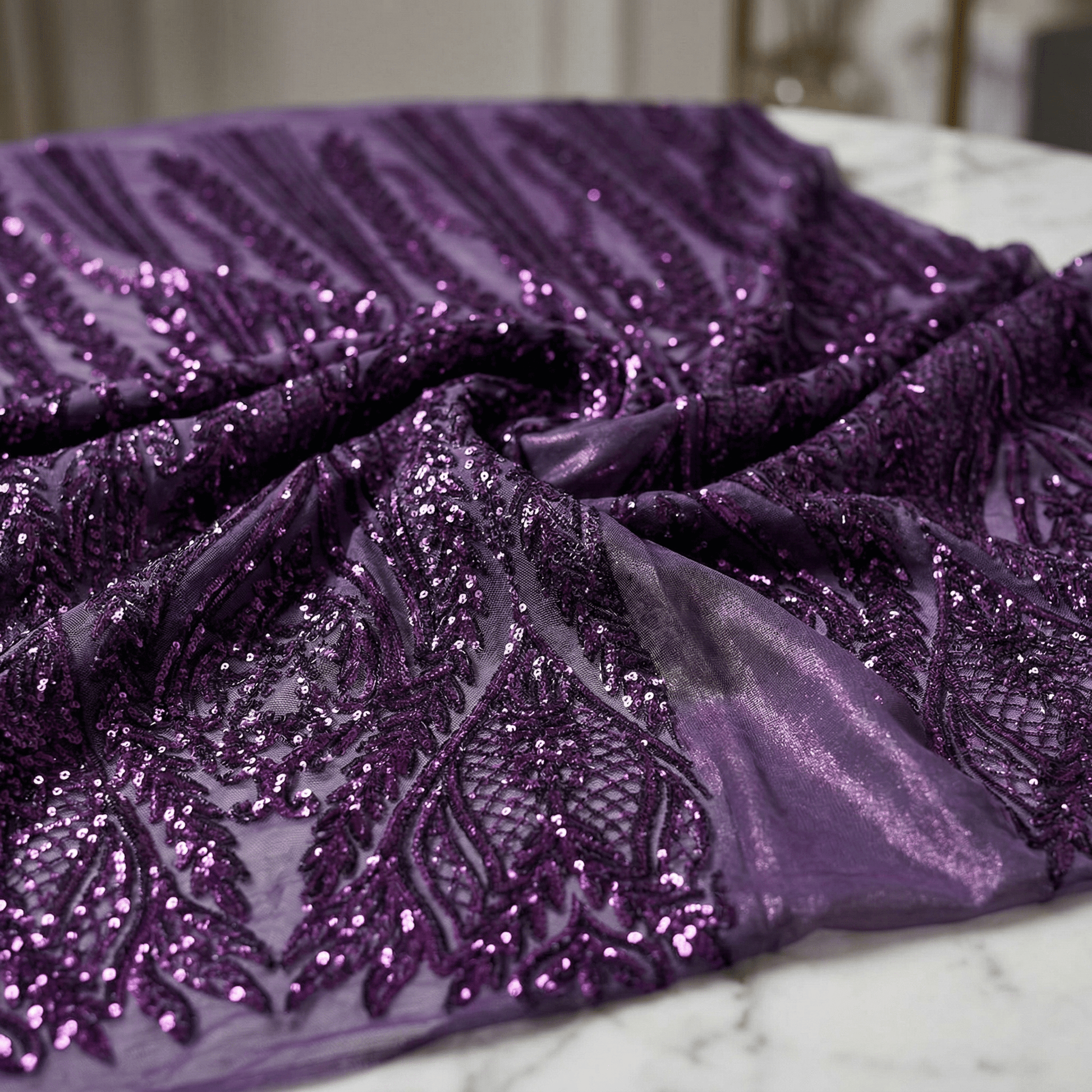 Damask Sequin Stretch Mesh Fabric by the Yard 54” Wide – Floral Iridescent Sequin Fabric for Prom Dresses, Evening Gowns, Bridal Wear & Luxury Fashion - New Creations Fabric & Foam Inc